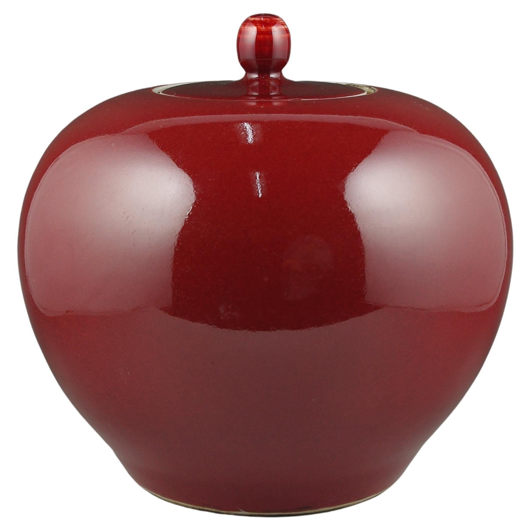 Chinese Porcelain Sang-de-Boeuf Ox-Blood Flambe Glaze Red  Lidded Jar Mark 20c