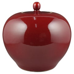 Vintage Chinese Porcelain Sang-de-Boeuf Ox-Blood Flambe Glaze Red  Lidded Jar Mark 20c