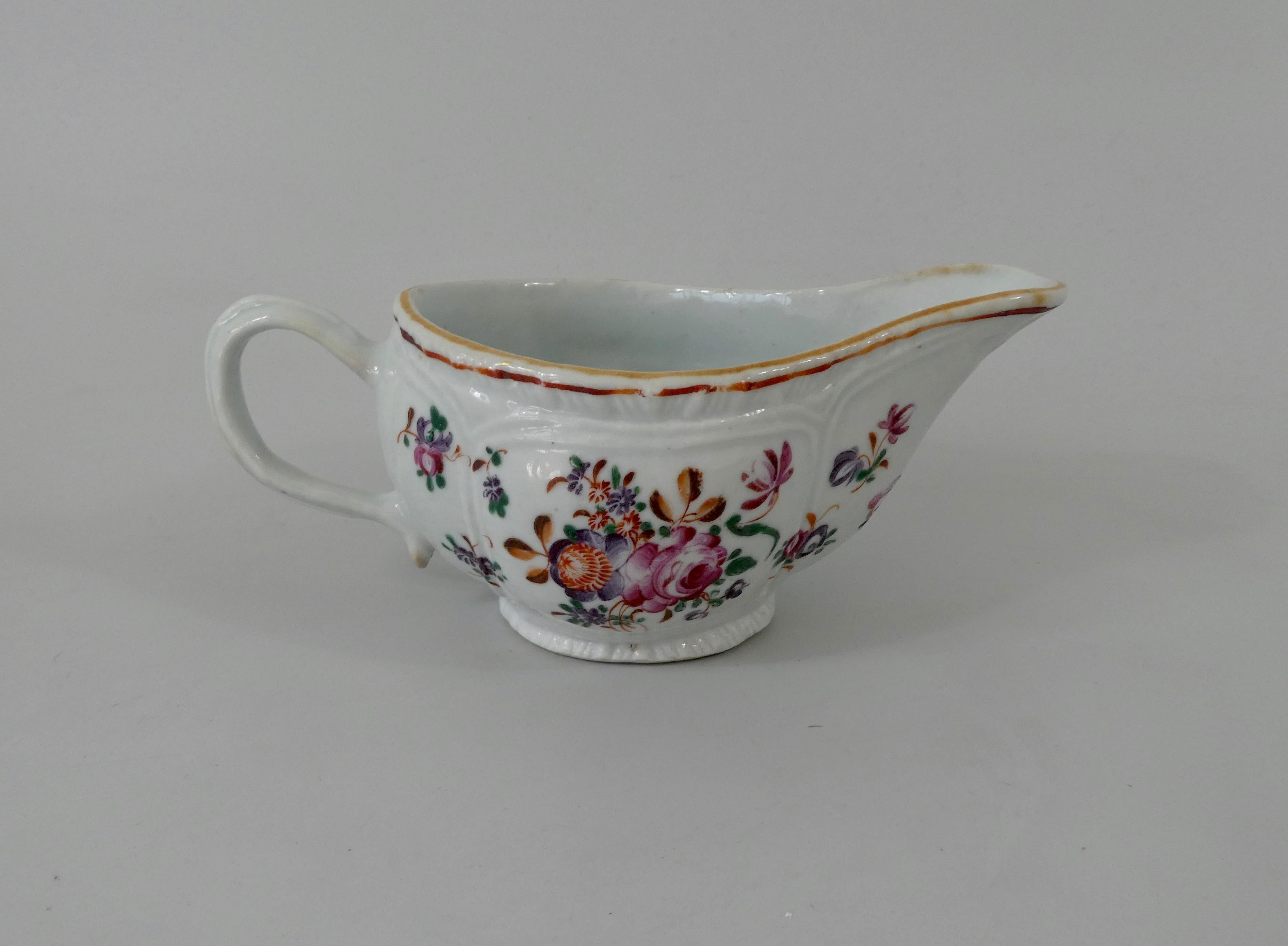 Fired Chinese Porcelain Sauceboat, Famille Rose Decoration, circa 1760 Qianlong Period
