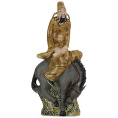 Vintage Chinese porcelain sculpture Man on Horse, Dated 1998, Created by Xu Jian Jian