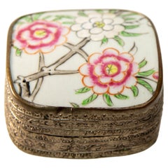 Vintage Chinese Porcelain Shard Box Oriental Decorative Nickel Silver Box