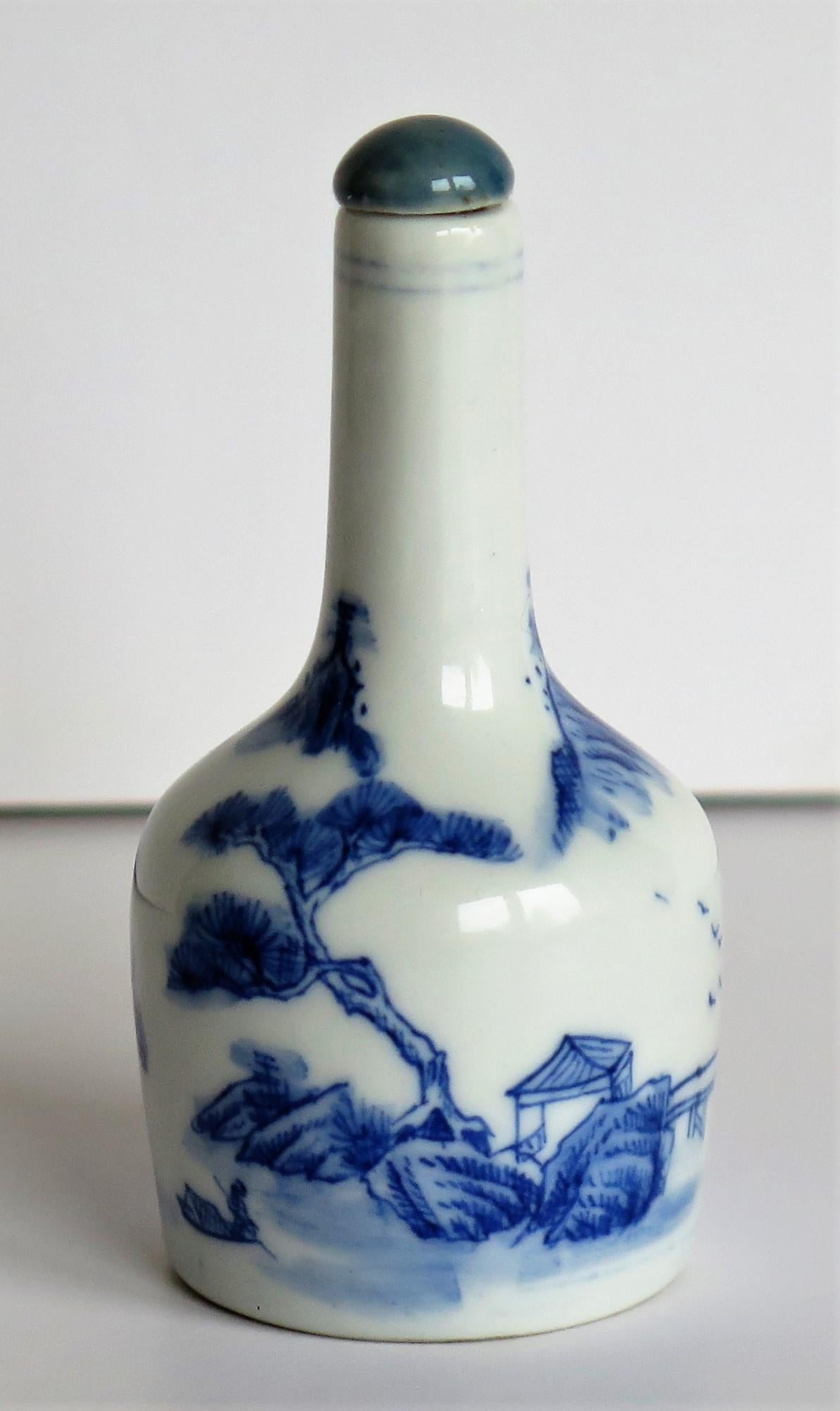 Hand-Painted Chinese Porcelain Snuff Bottle Blue and White with Double Circle Mark, Ca 1920