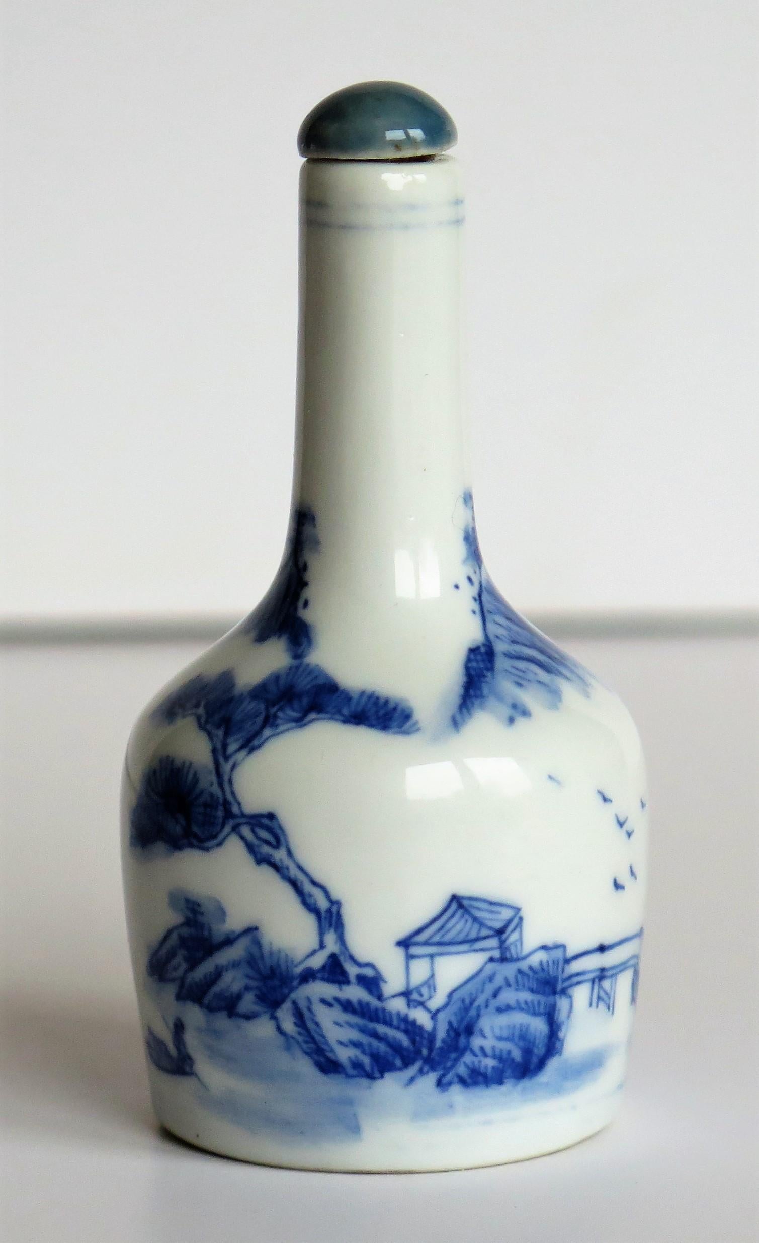 20th Century Chinese Porcelain Snuff Bottle Blue and White with Double Circle Mark, Ca 1920