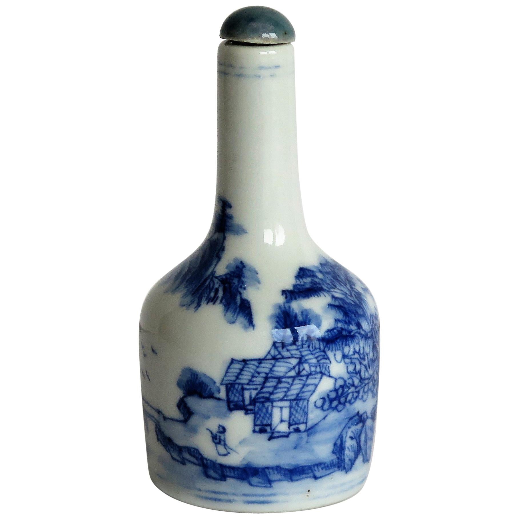 Chinese Porcelain Snuff Bottle Blue and White with Double Circle Mark, Ca 1920