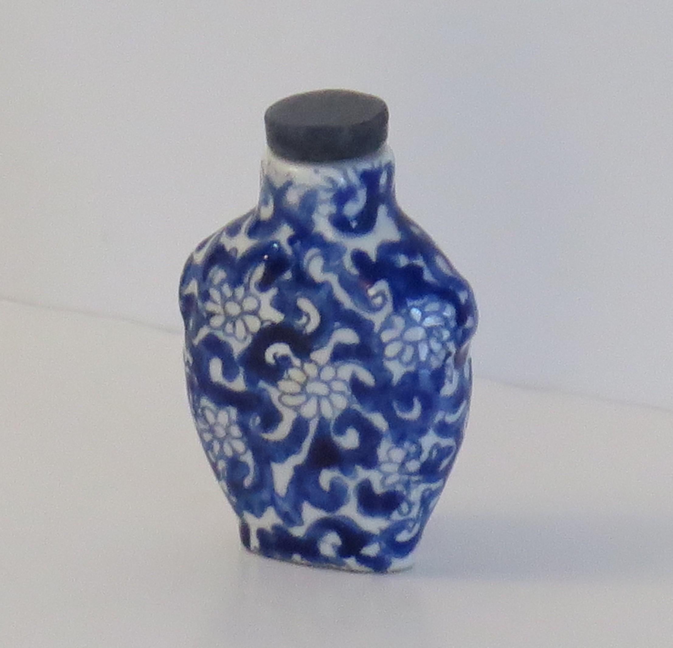 Hand-Painted Chinese Porcelain Snuff Bottle Blue & White Hand Painted, Circa 1940 For Sale