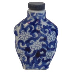 Vintage Chinese Porcelain Snuff Bottle Blue & White Hand Painted, Circa 1940