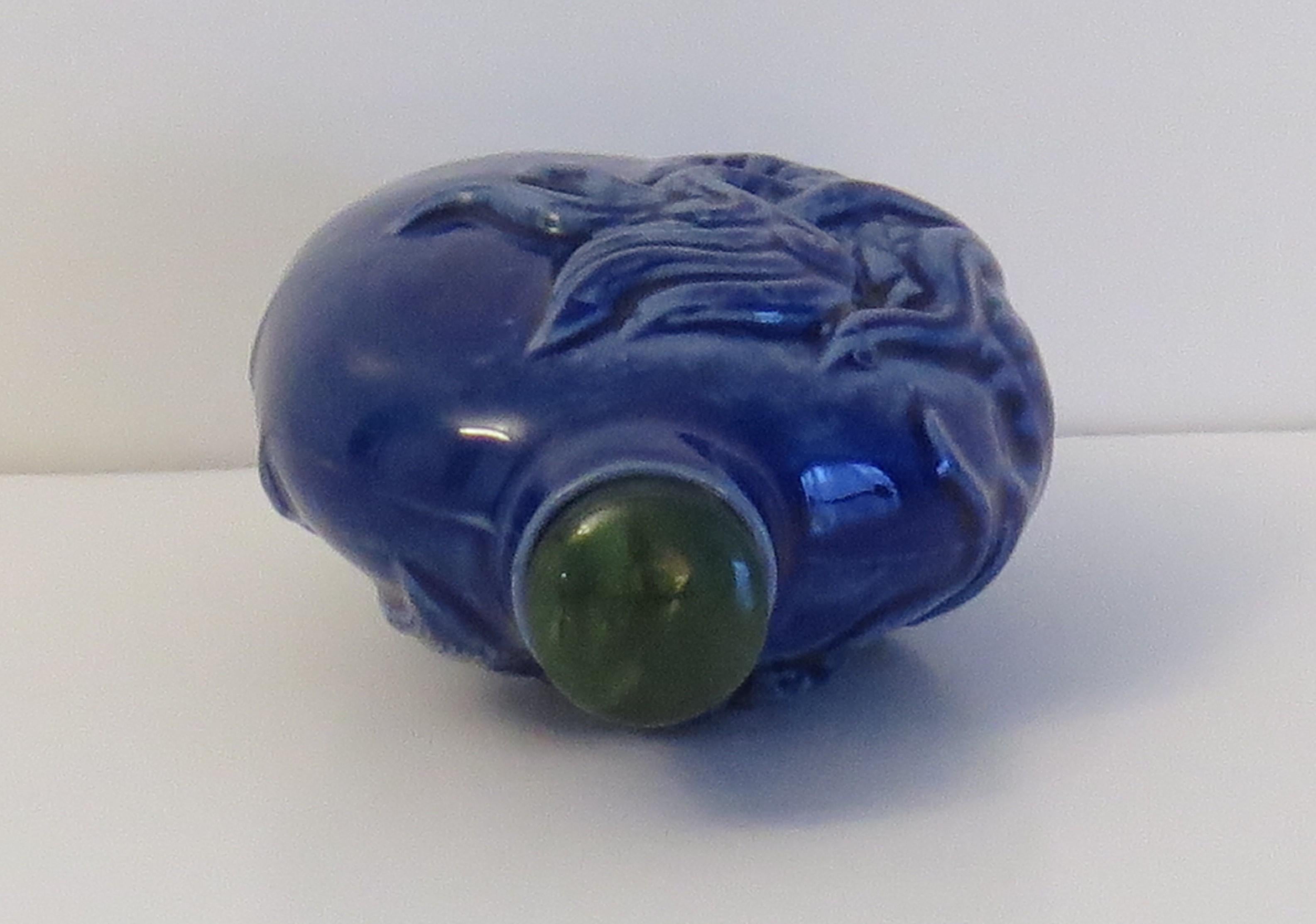 Chinese Porcelain Snuff Bottle moulded dragon stone top with spoon, Circa 1930s 1