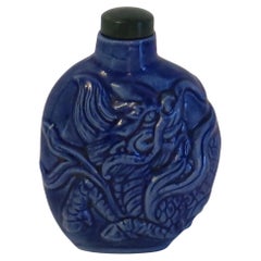 Antique Chinese Porcelain Snuff Bottle moulded dragon stone top with spoon, Circa 1930s