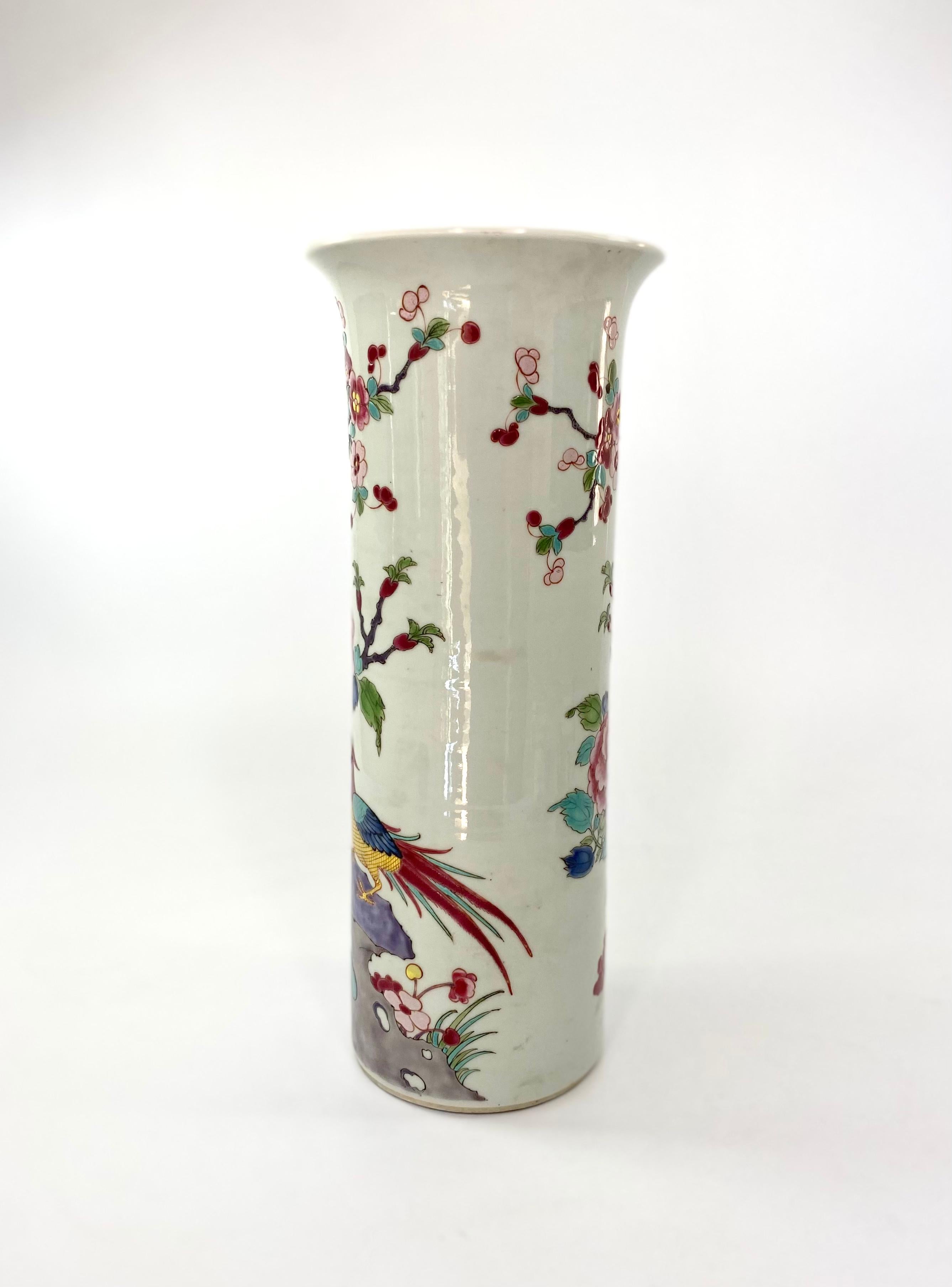 Fired Chinese Porcelain Spill Vase, Exotic Birds, c. 1890, Guangxu Period