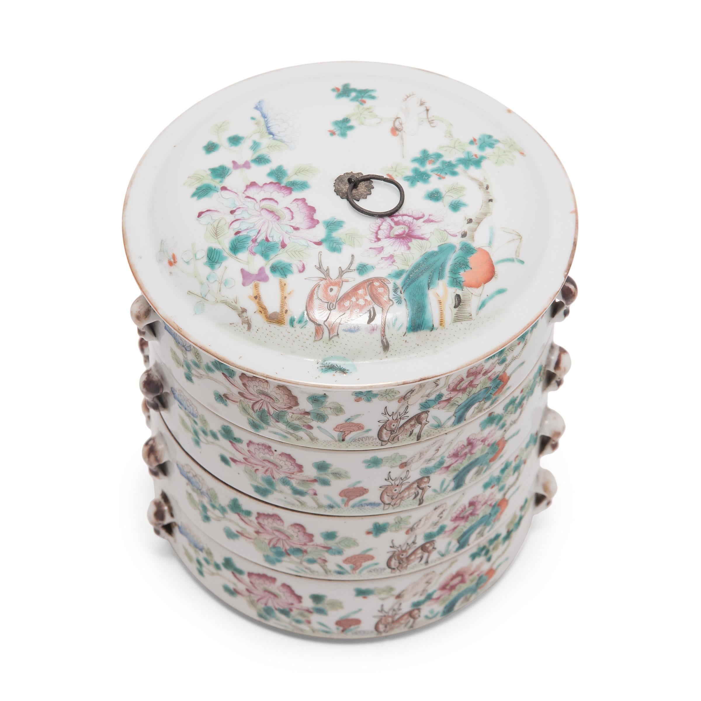 Enameled Chinese Porcelain Stacking Box with Deer and Crane, c. 1920s