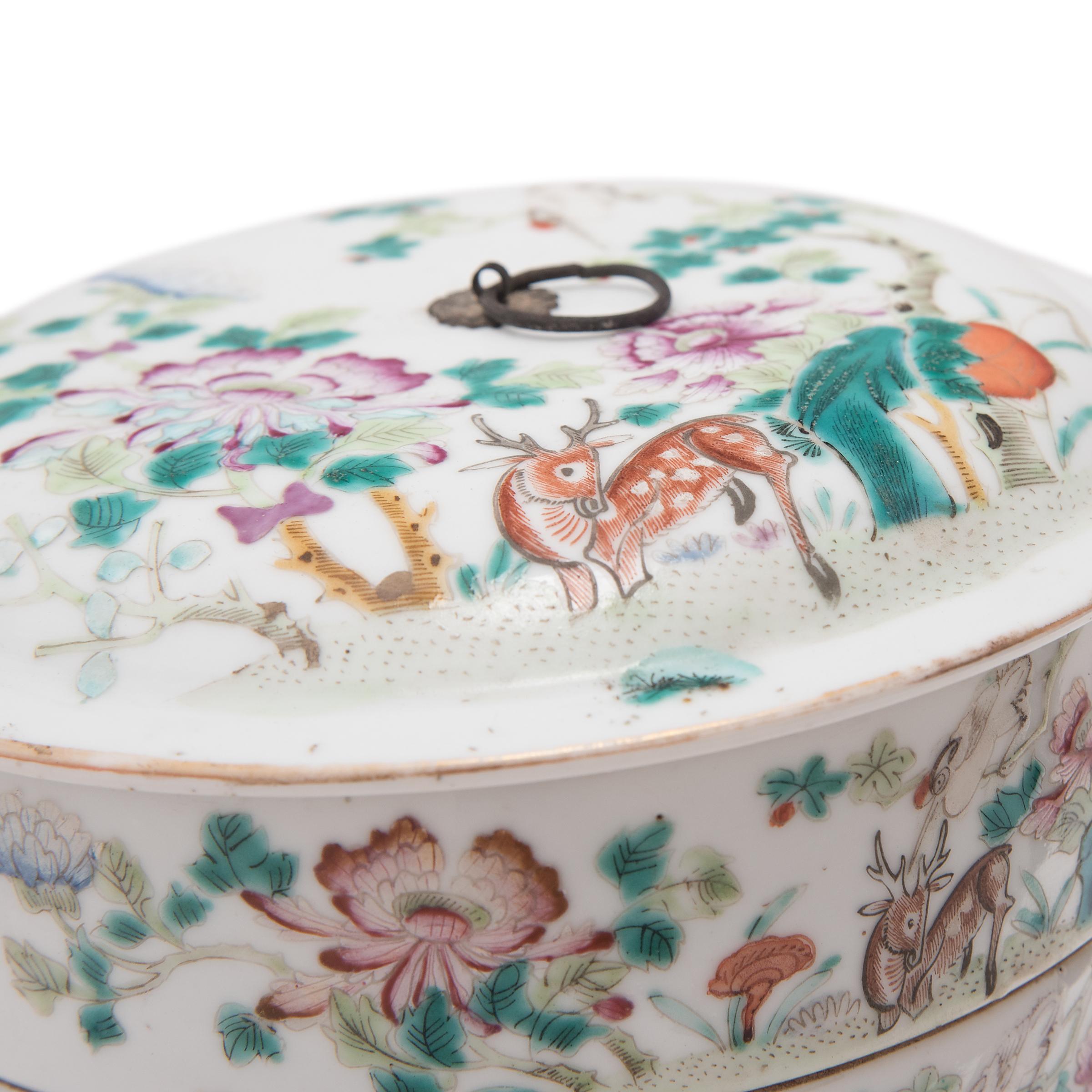 Chinese Porcelain Stacking Box with Deer and Crane, c. 1920s In Good Condition In Chicago, IL