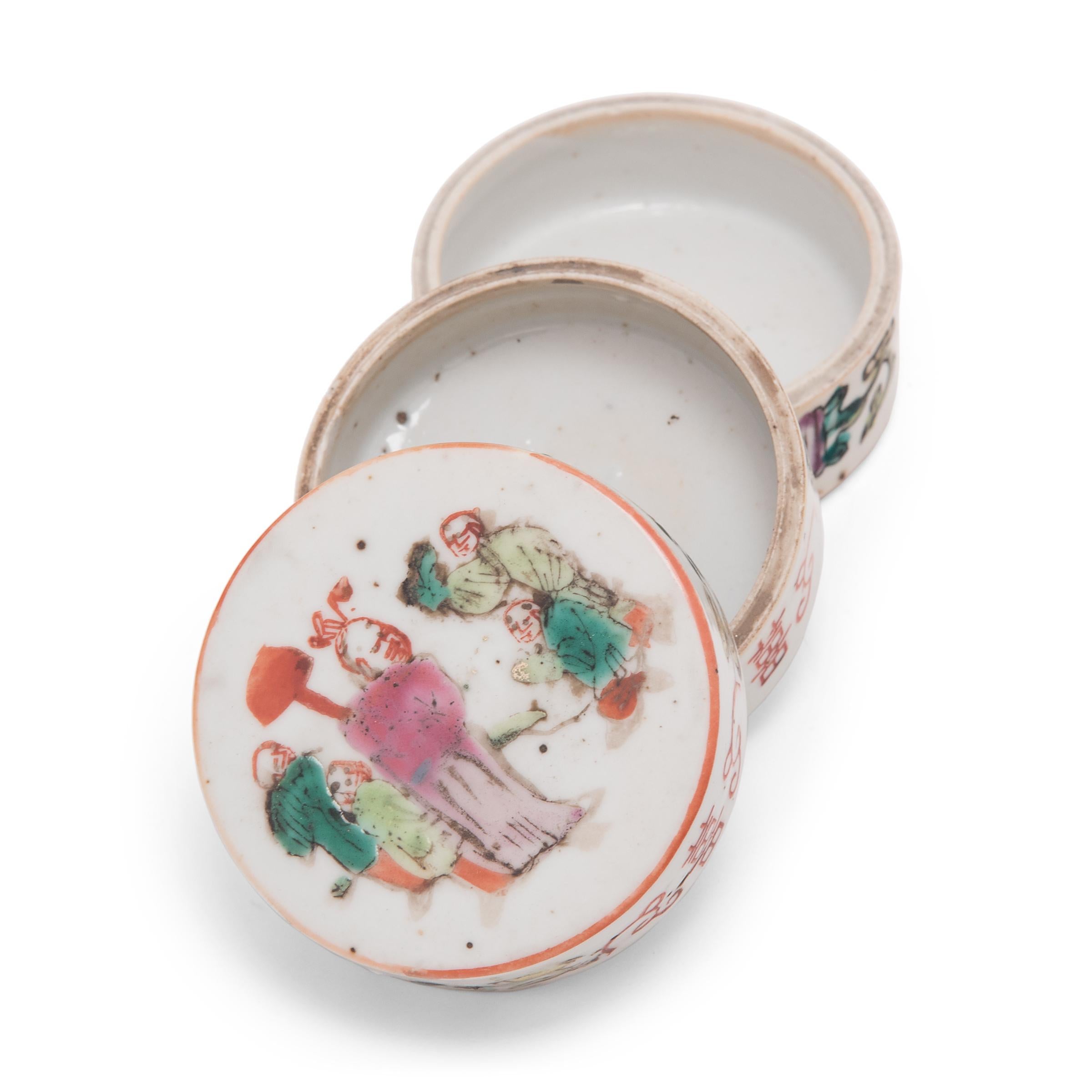 Enameled Chinese Porcelain Stacking Box with Scholarly Gathering, c. 1900