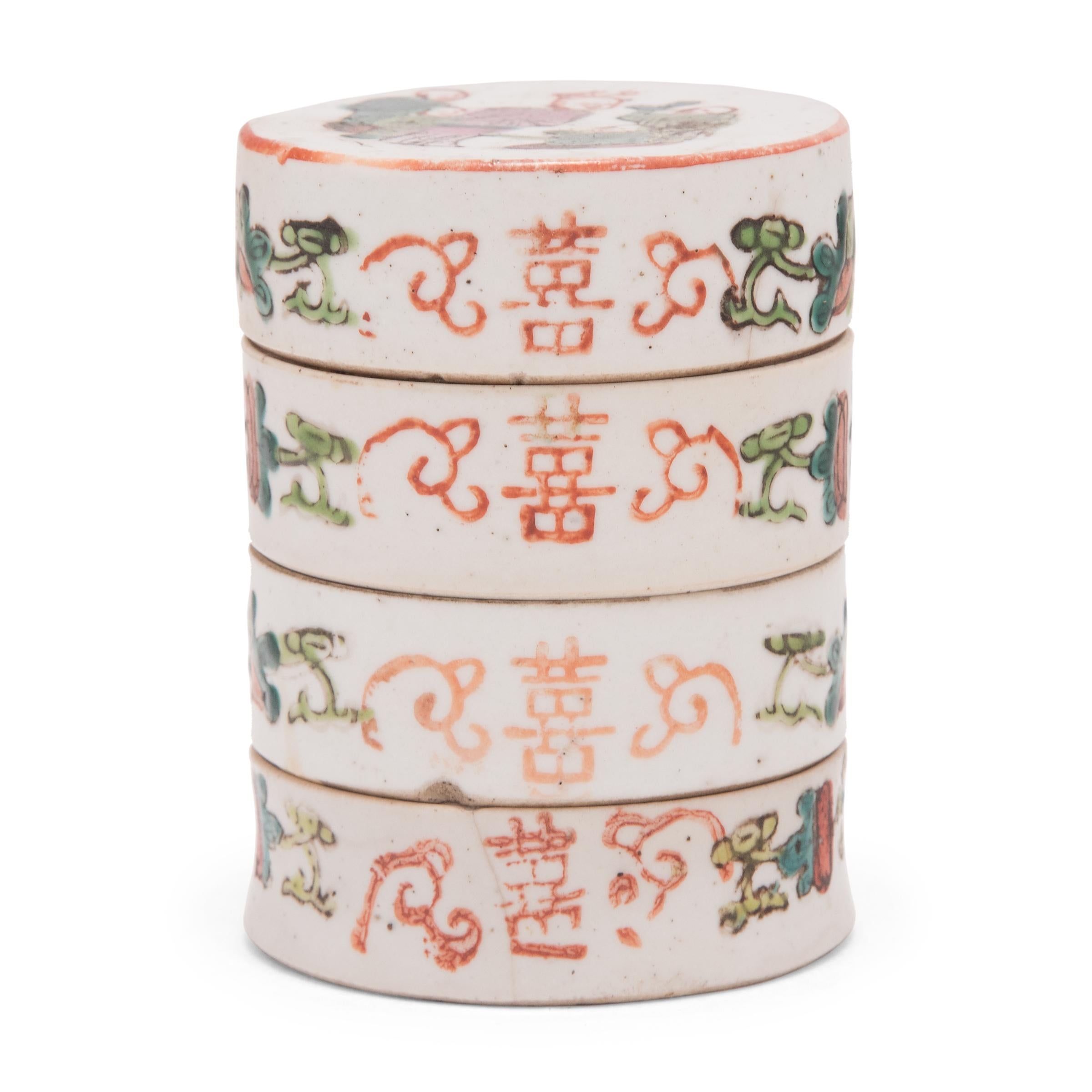 This early 20th-century porcelain container is a Chinese play on traditional Japanese stacking boxes called jubako. Each layer contained foods to celebrate Japanese New Years, each with special meanings and wishes such as good health, happiness,