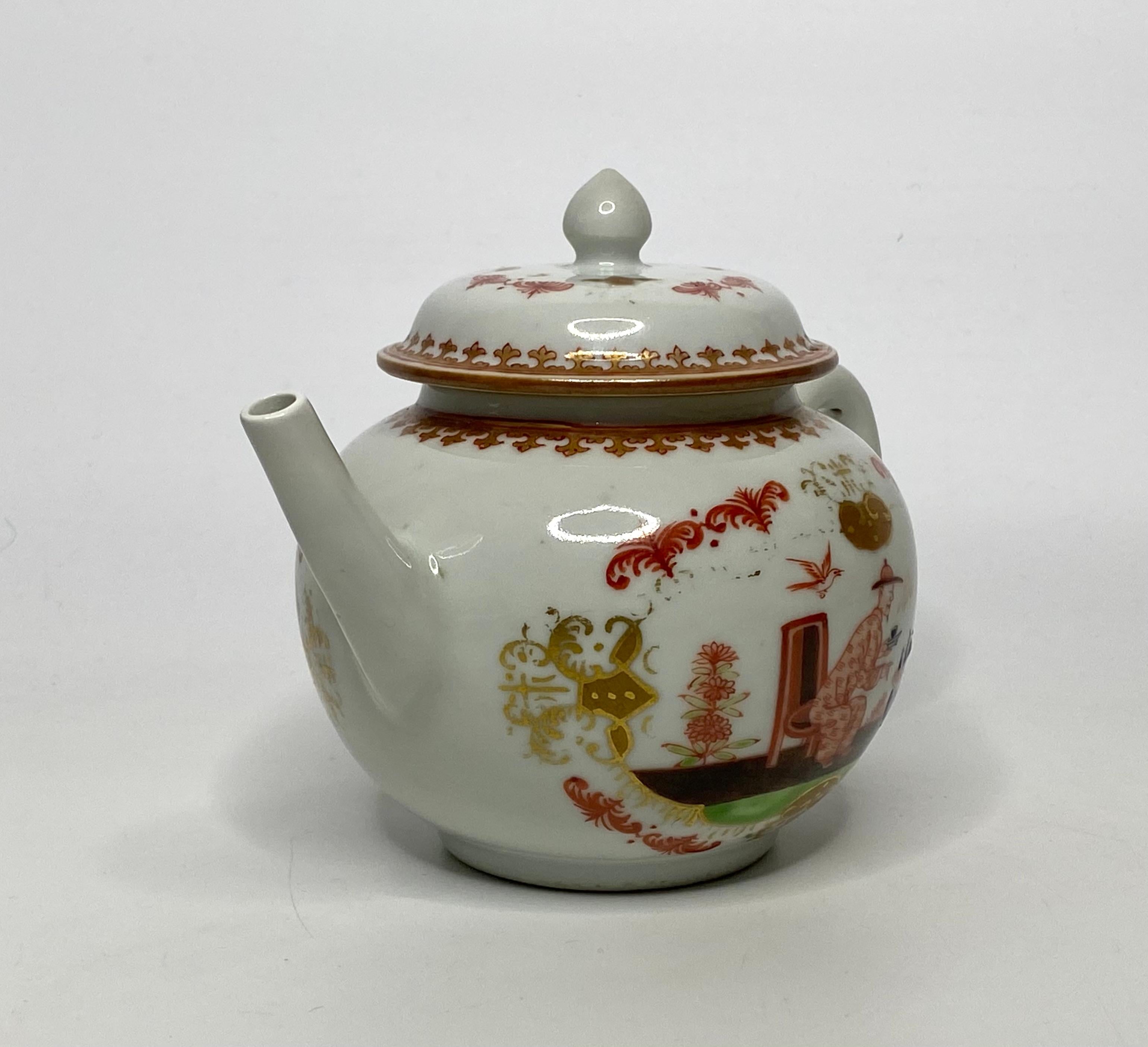 Chinese porcelain teapot and cover, c. 1750, Qianlong Period. The globular teapot, painted after a Meissen porcelain original, in the manner of J.G. Horoldt, with a Chinoiserie scene, of a seated man, taking tea, before a table, within quatrelobed