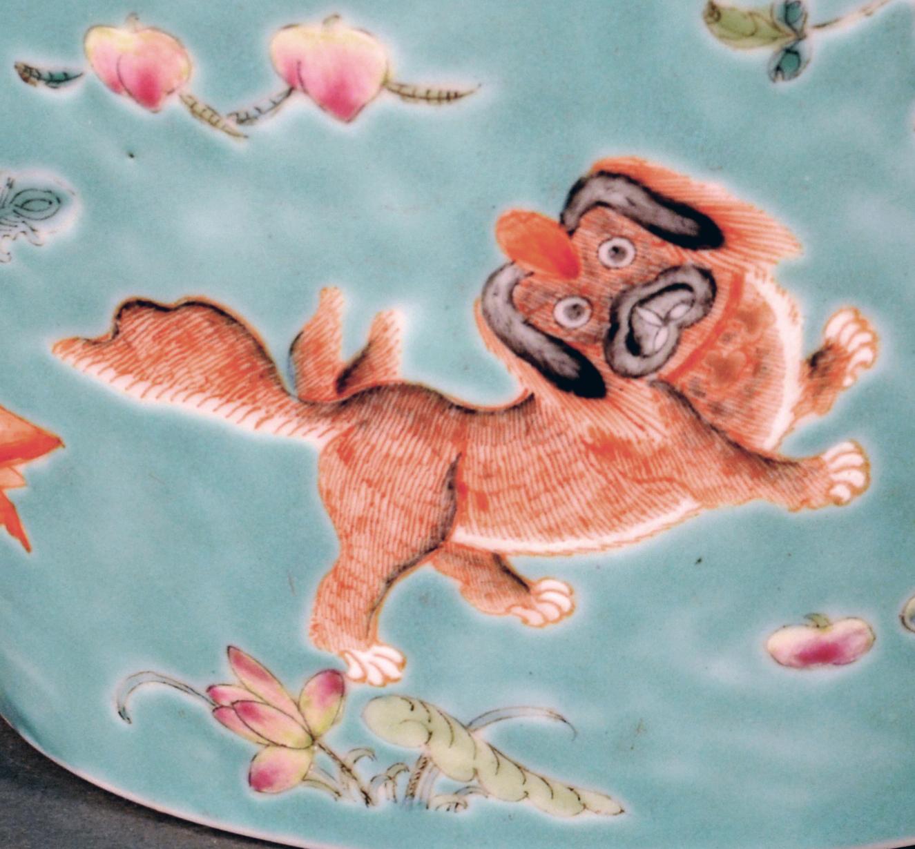 Chinese Porcelain Turquoise Jardinière of Bowl with Chinese Boys & Pekingese Dog 5