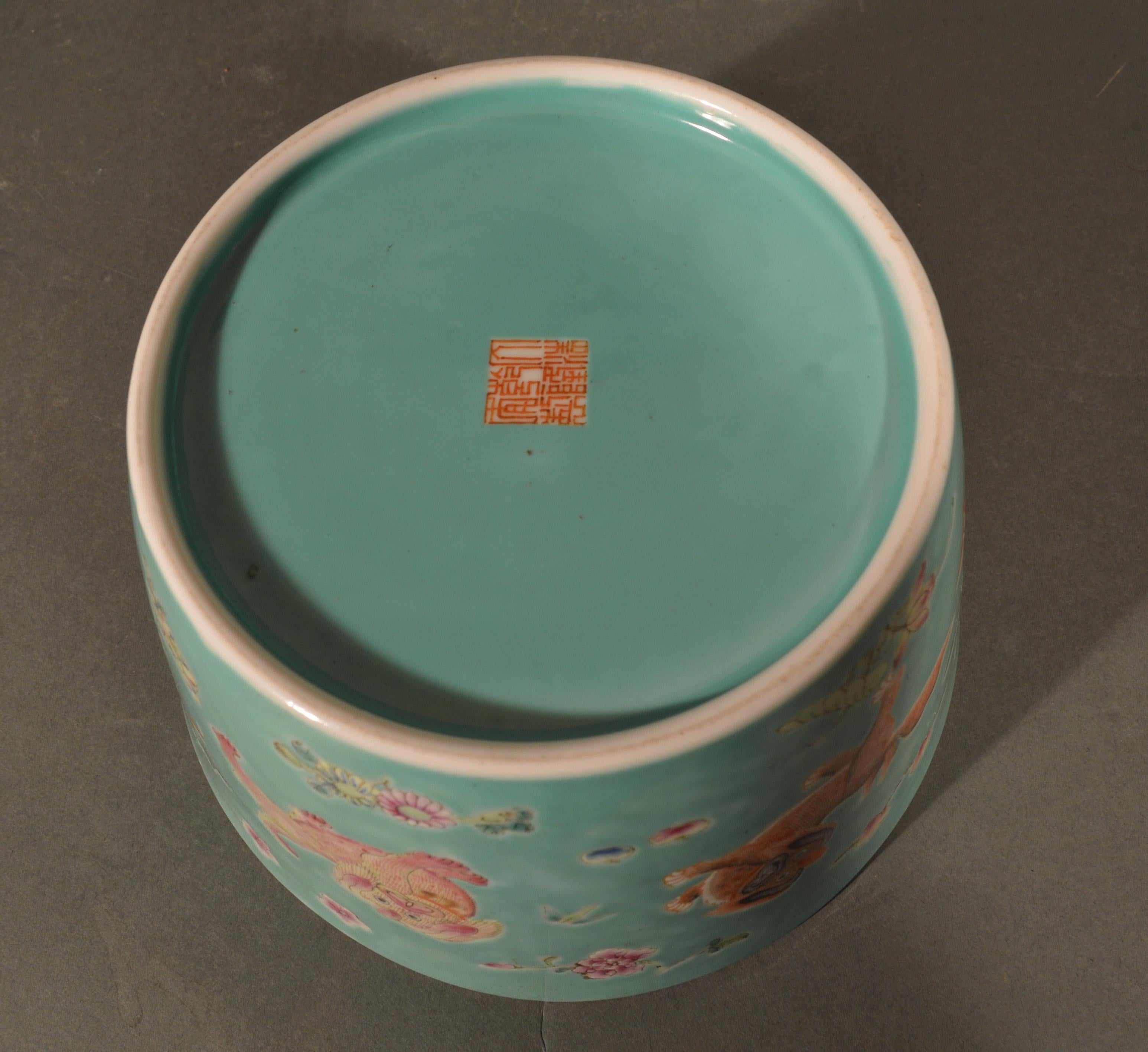 Chinese Porcelain Turquoise Jardinière of Bowl with Chinese Boys & Pekingese Dog 6