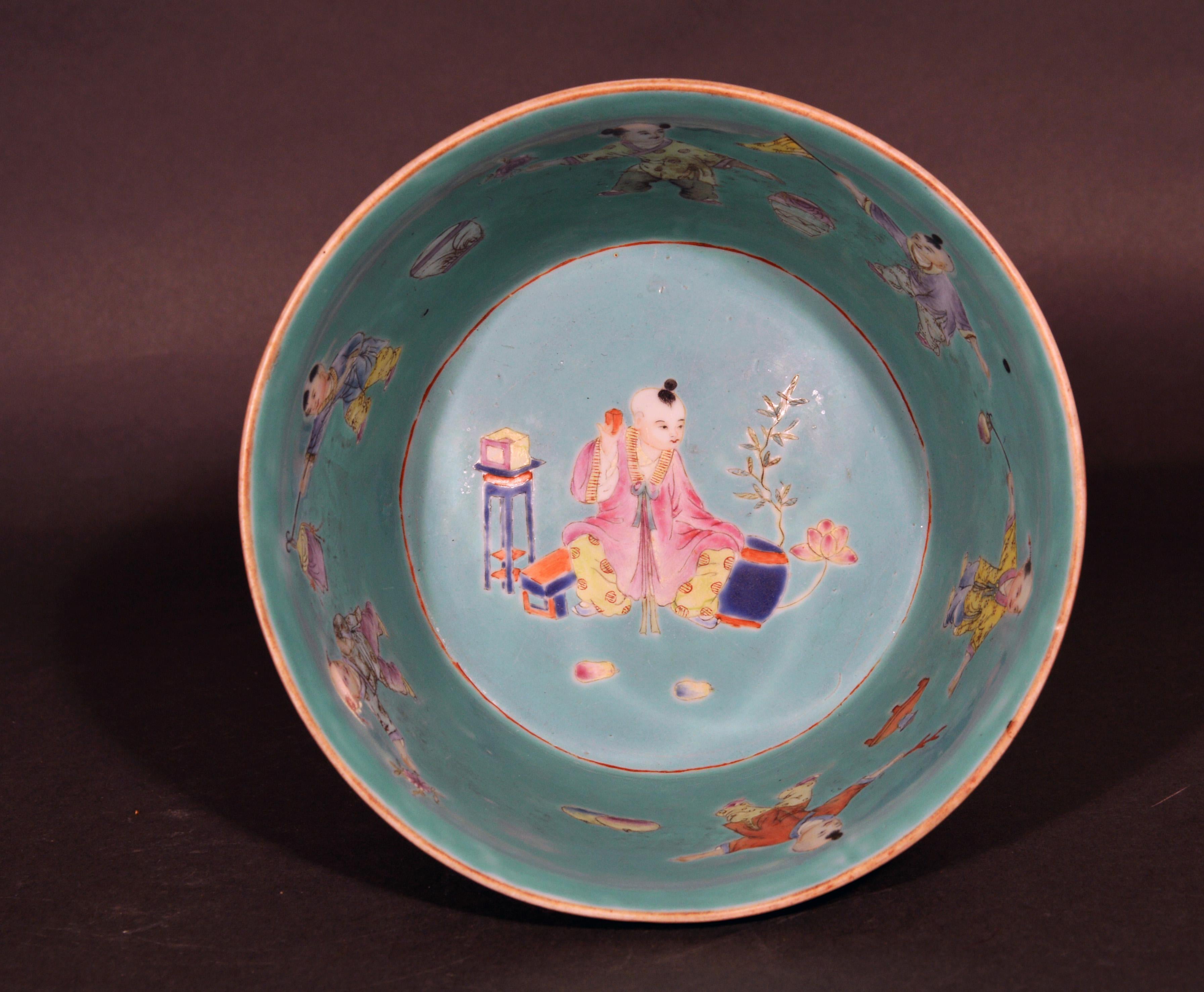 Chinese Export Chinese Porcelain Turquoise Jardinière of Bowl with Chinese Boys & Pekingese Dog