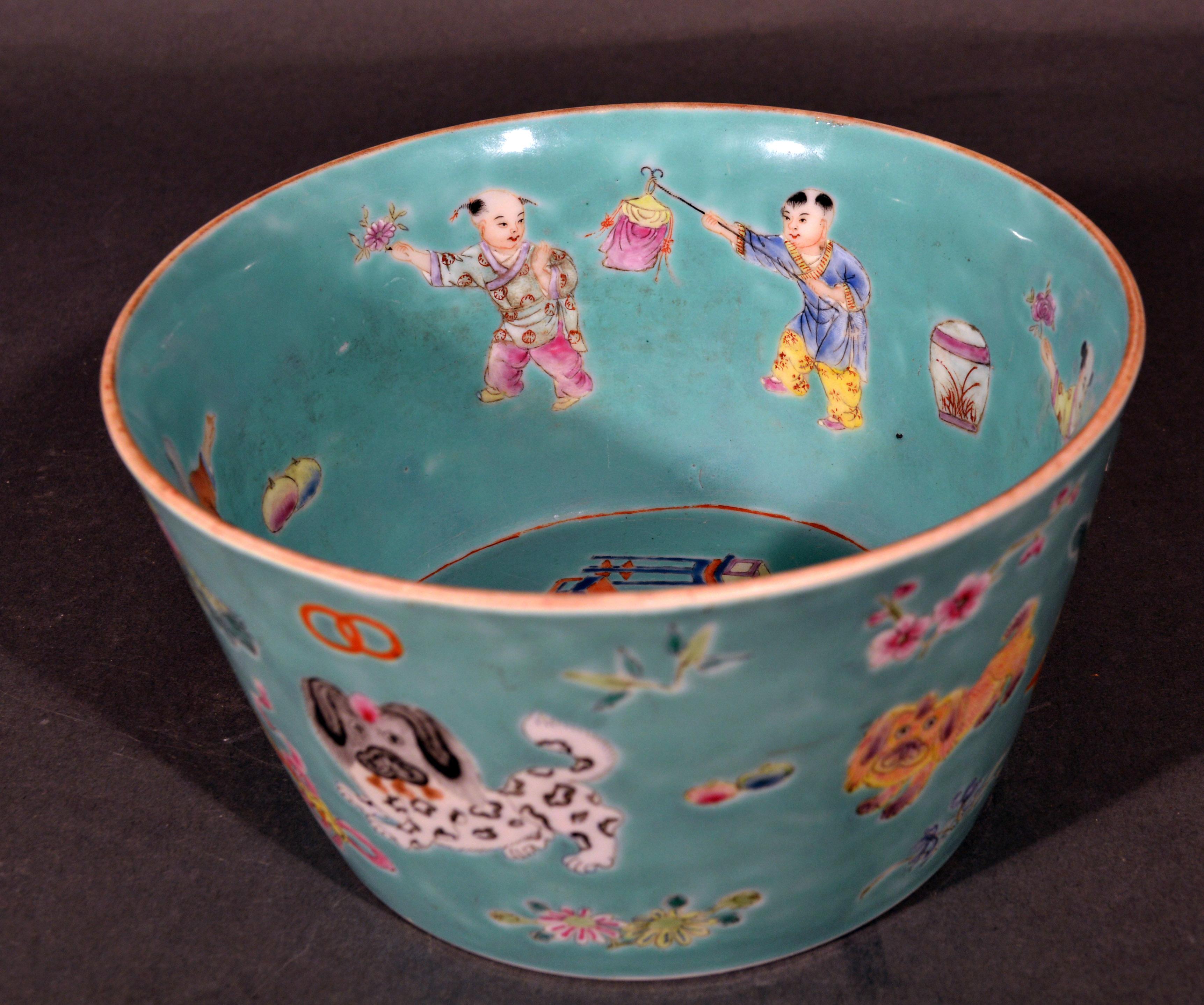 Chinese Porcelain Turquoise Jardinière of Bowl with Chinese Boys & Pekingese Dog In Good Condition In Downingtown, PA