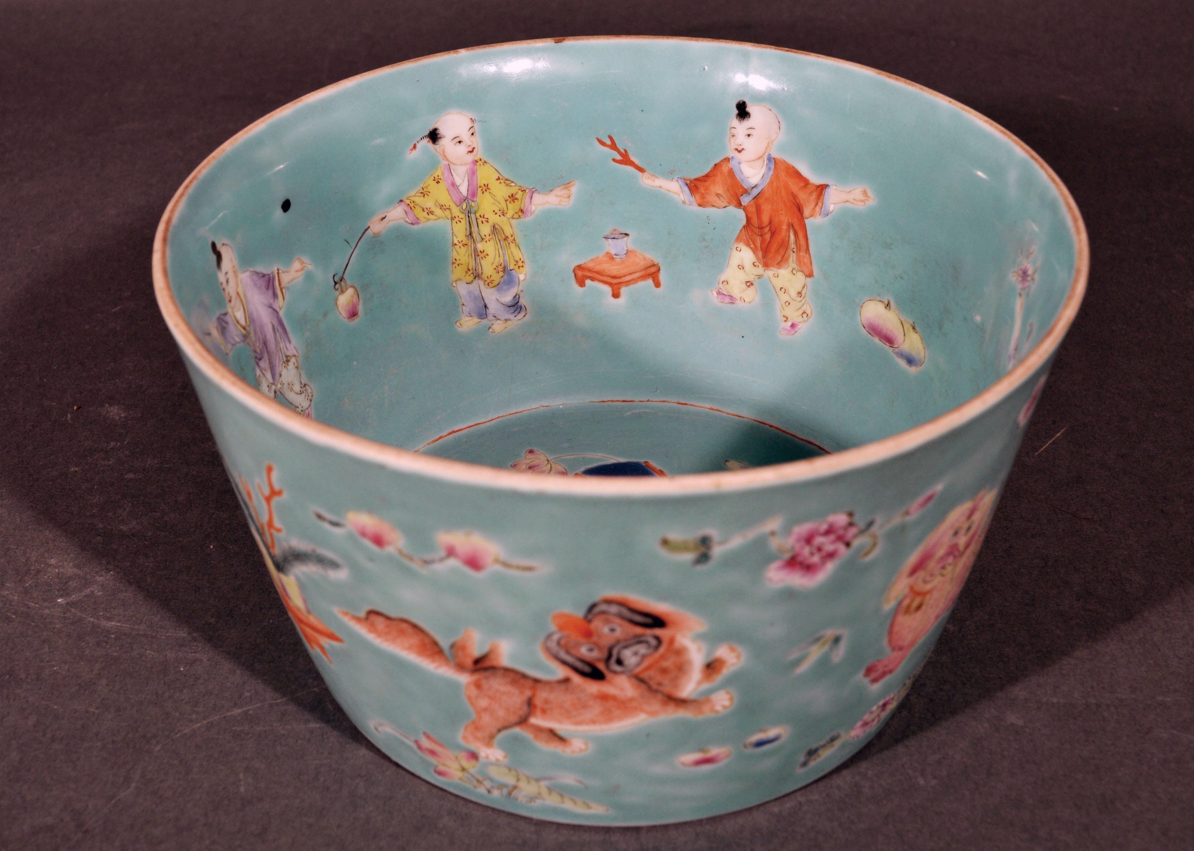 19th Century Chinese Porcelain Turquoise Jardinière of Bowl with Chinese Boys & Pekingese Dog