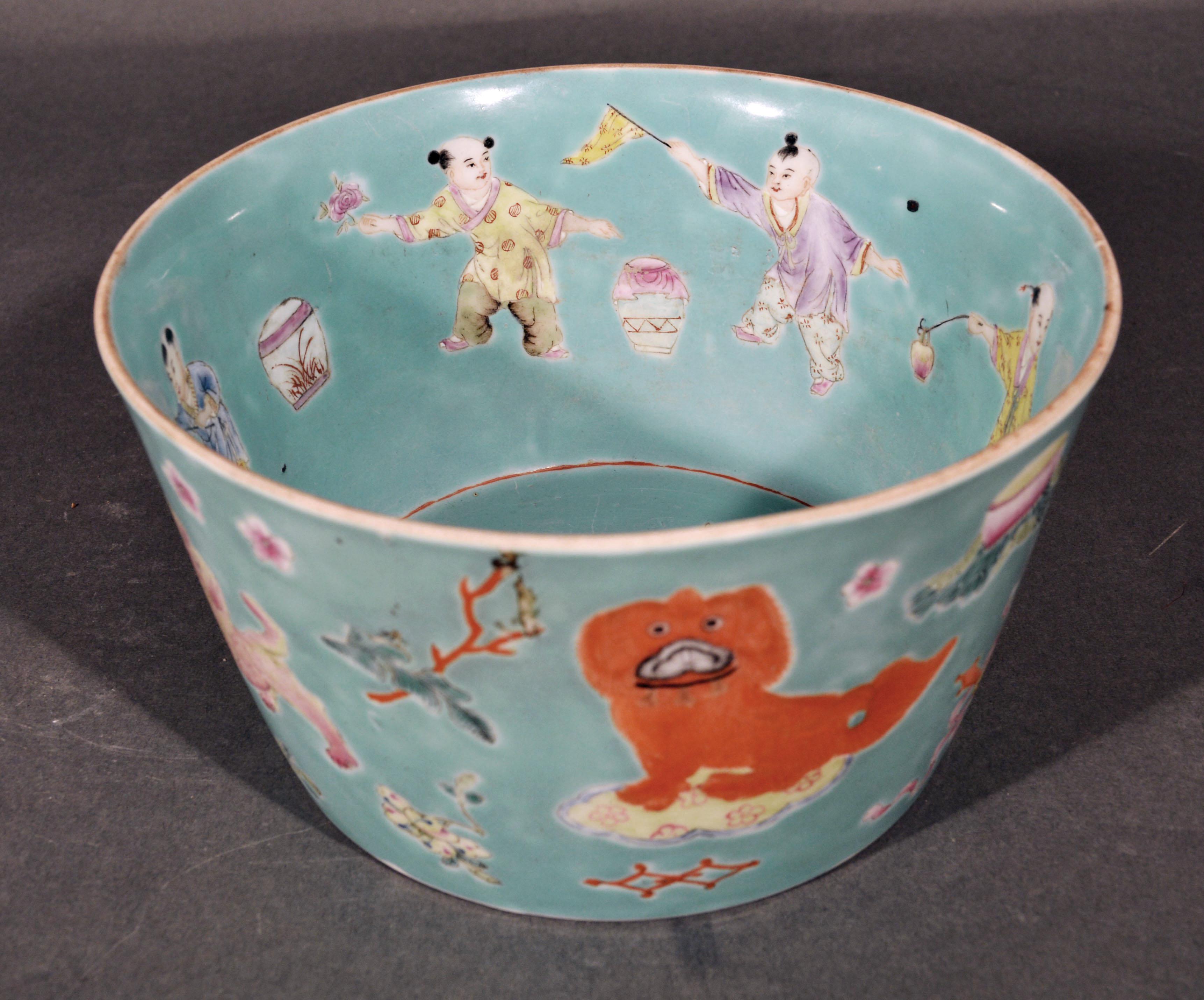 Chinese Porcelain Turquoise Jardinière of Bowl with Chinese Boys & Pekingese Dog 1