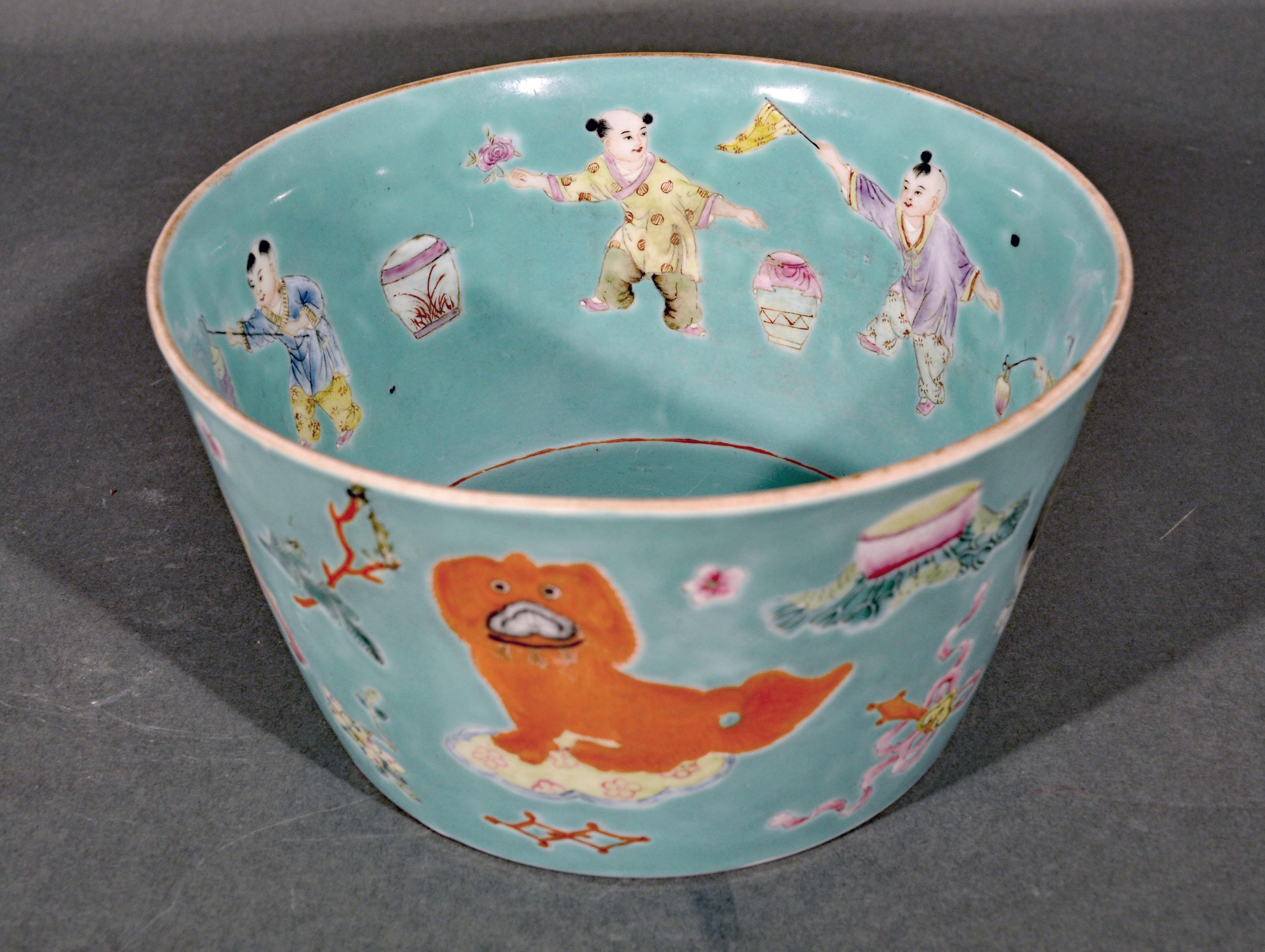 Chinese Porcelain Turquoise Jardinière of Bowl with Chinese Boys & Pekingese Dog 2