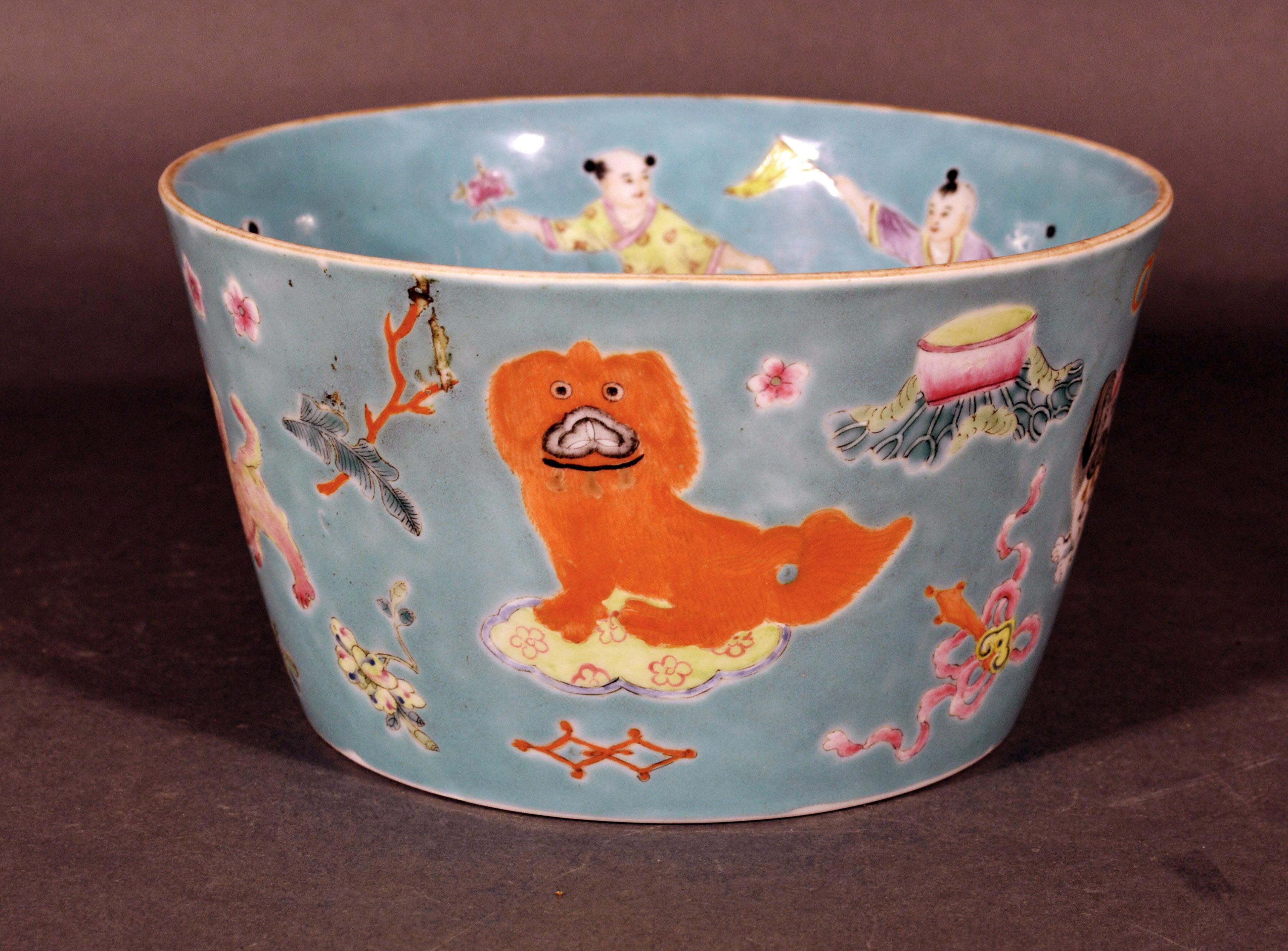 Chinese Porcelain Turquoise Jardinière of Bowl with Chinese Boys & Pekingese Dog 3
