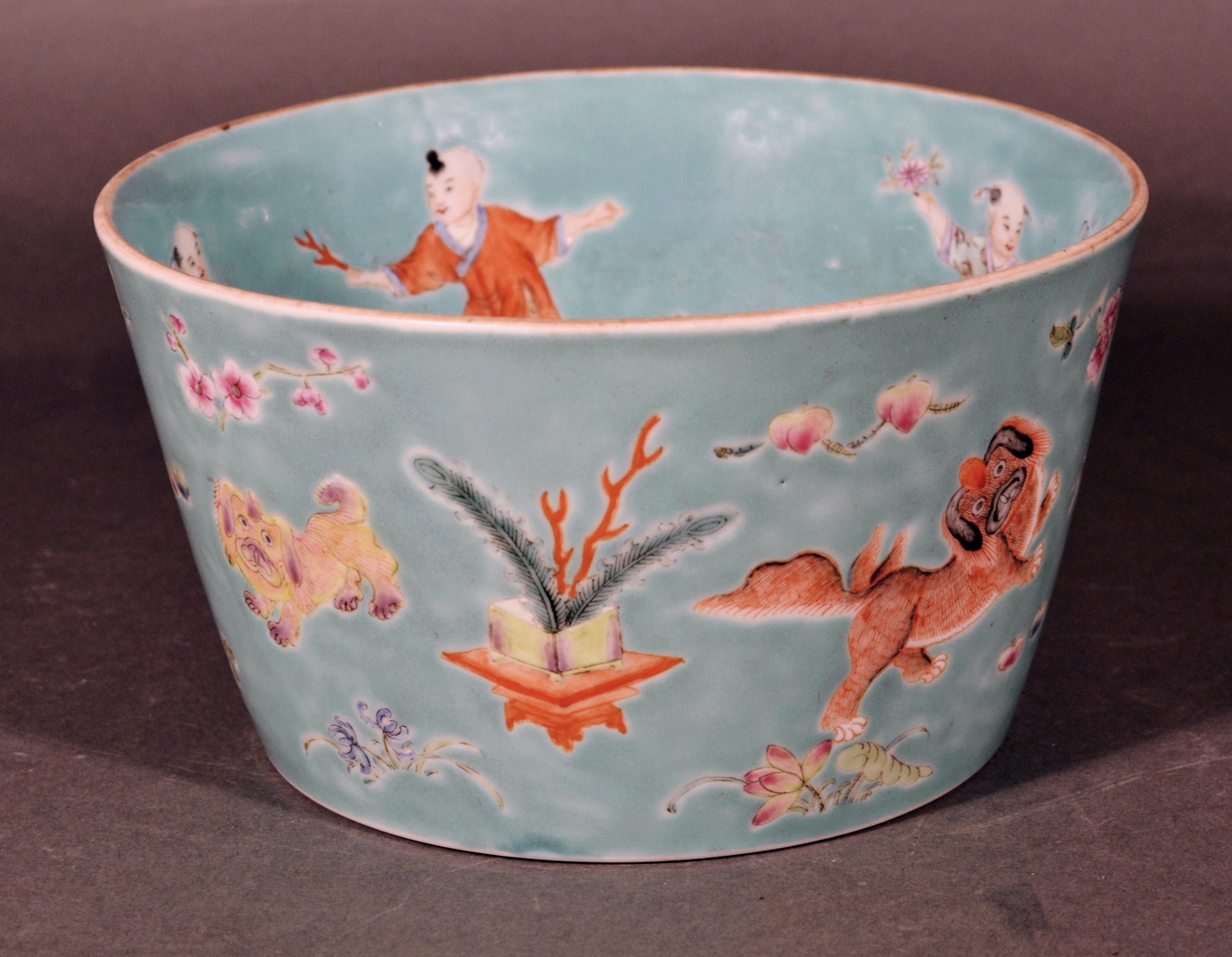 Chinese Porcelain Turquoise Jardinière of Bowl with Chinese Boys & Pekingese Dog 4