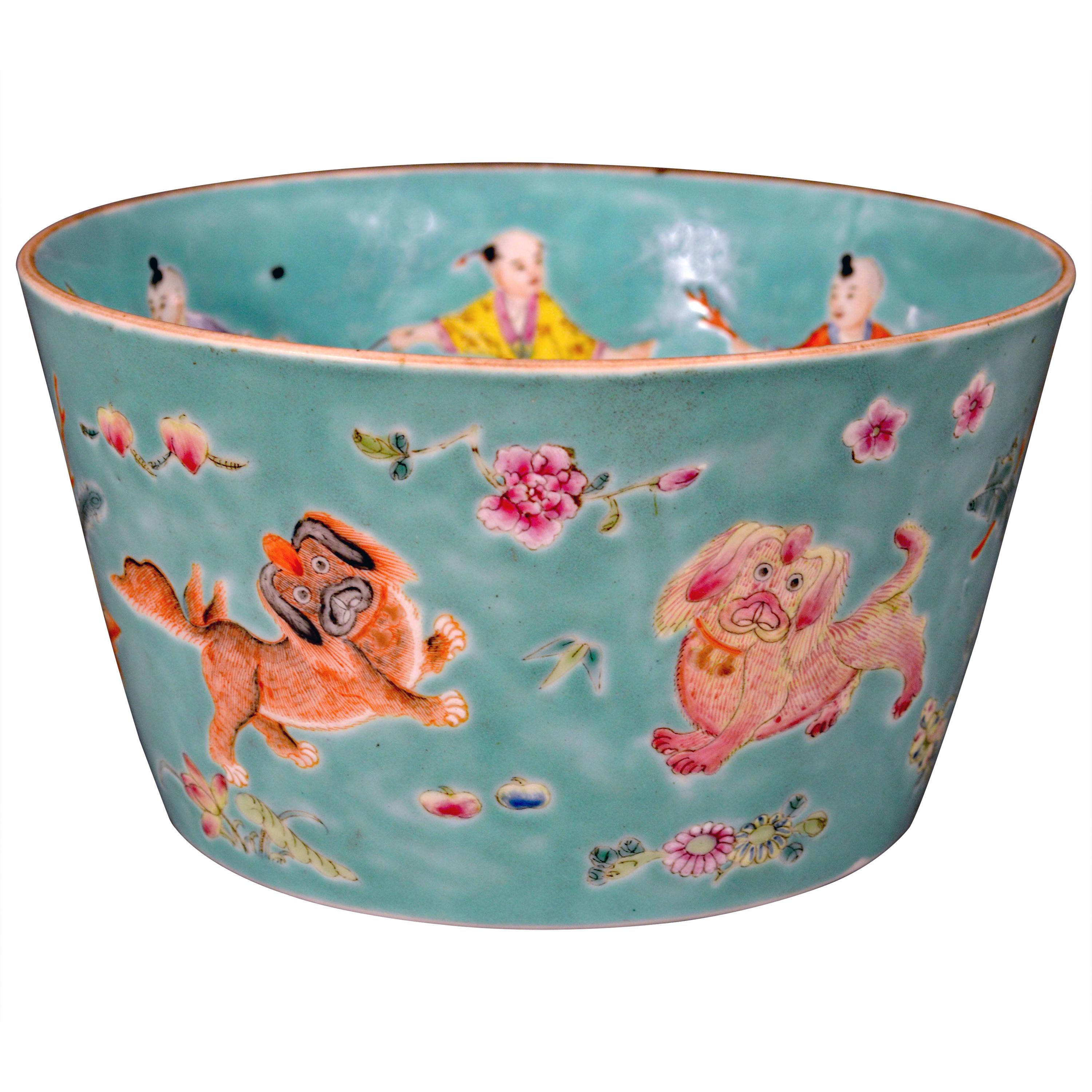Chinese Porcelain Turquoise Jardinière of Bowl with Chinese Boys & Pekingese Dog