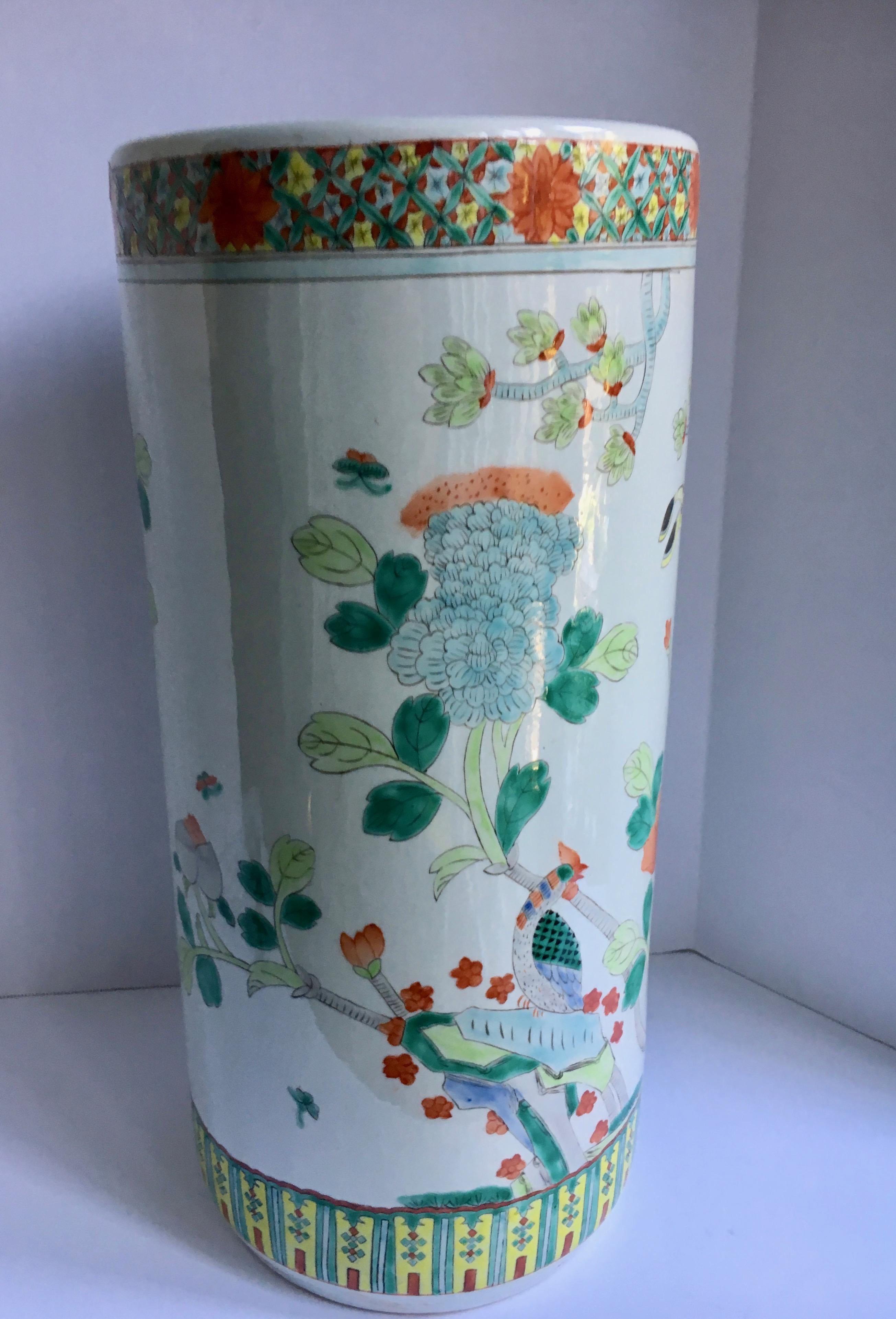 Chinese Porcelain Umbrella Stand - hand-painted and with a lovely color palette, working with most interiors. A lovely image, of good quality and substantial weight, ready to grace your interior and manage a host of umbrellas.