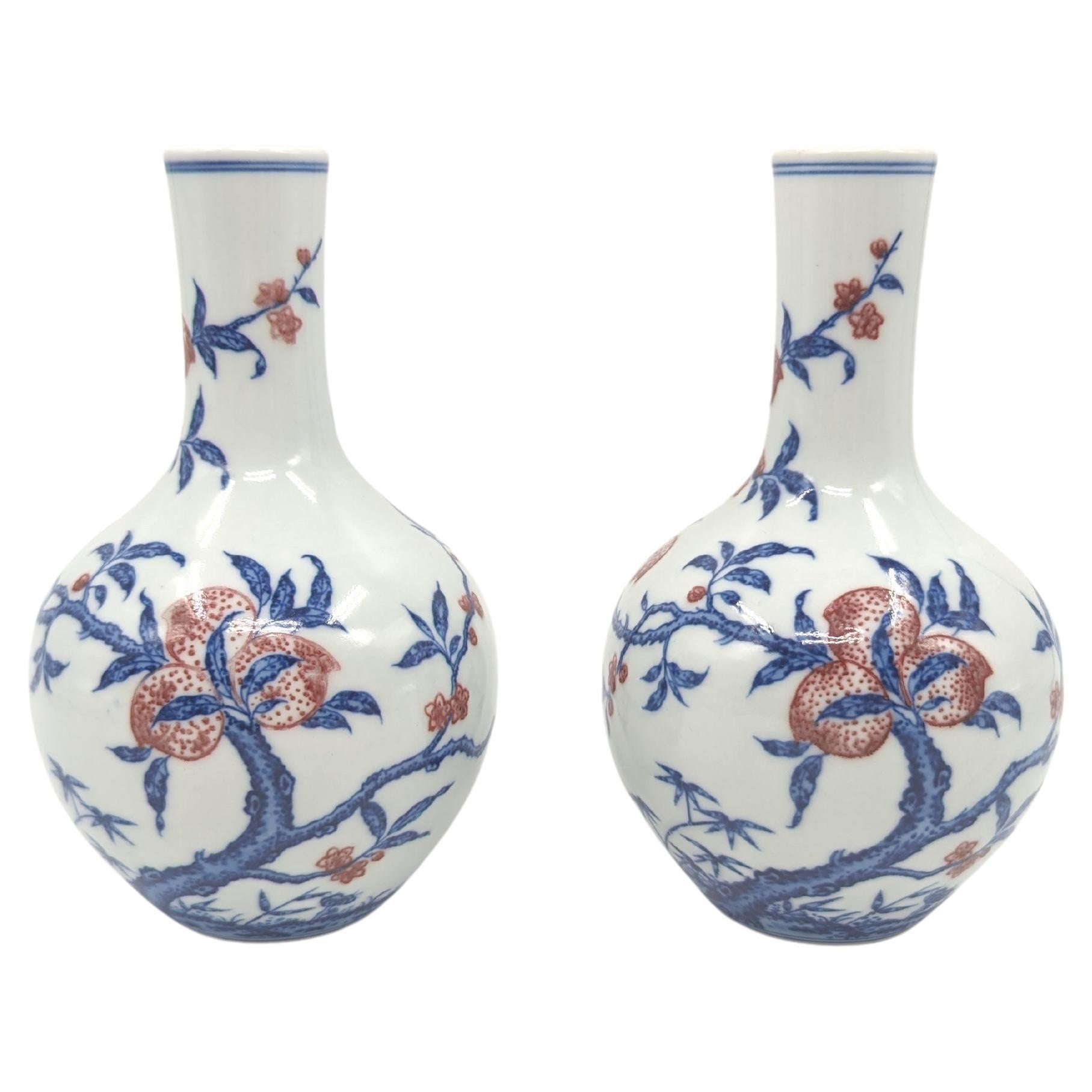 Wir präsentieren Ihnen ein bemerkenswertes Paar Flaschenvasen aus chinesischem Porzellan, eine wahre Verkörperung der Finesse und Kunstfertigkeit, die das chinesische Porzellanhandwerk auszeichnet. Diese Vasen sind sehr gut getöpfert und mit