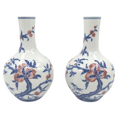 Chinese Porcelain Underglaze Blue & Copper Red Peaches Bottle Vase Late 20c Pair