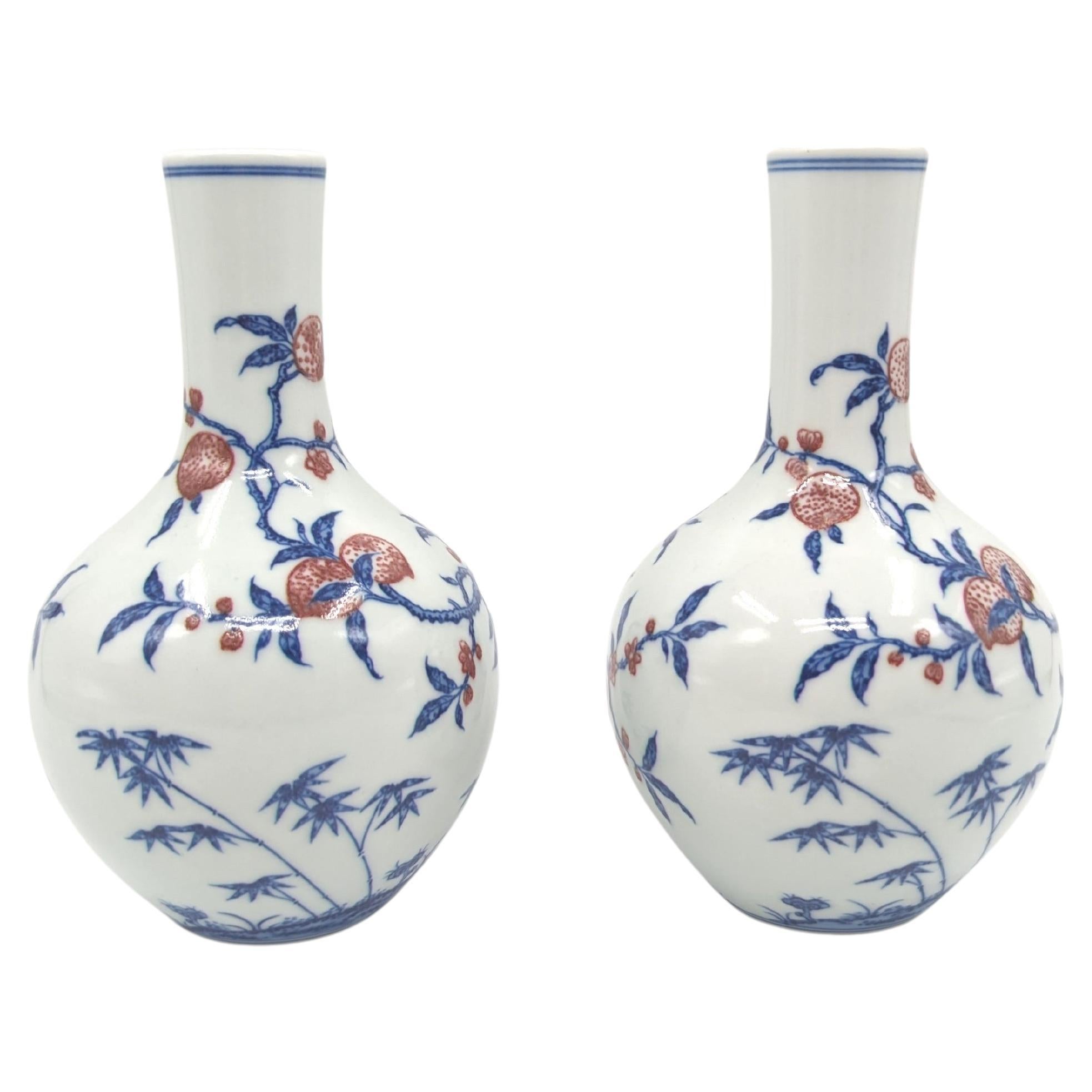 Chinese Porcelain Underglaze Blue & Copper Red Peaches Bottle Vase Late 20c Pair For Sale 1