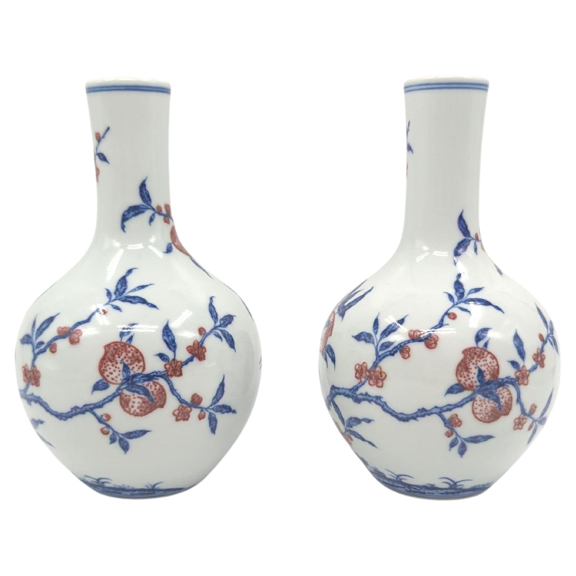 Chinese Porcelain Underglaze Blue & Copper Red Peaches Bottle Vase Late 20c Pair For Sale 2
