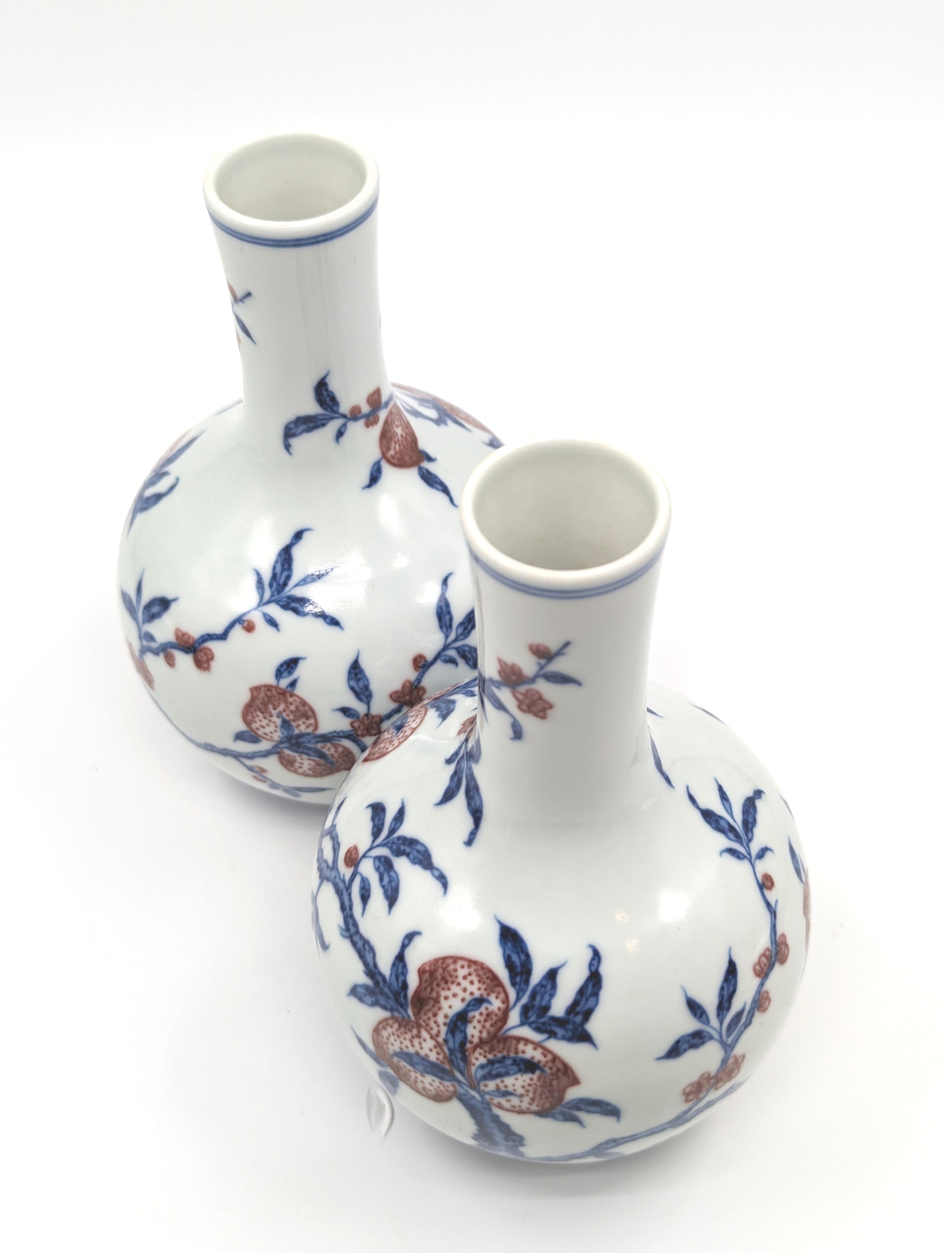 20th Century Chinese Porcelain Underglaze Blue & Copper Red Peaches Bottle Vase Late 20c Pair For Sale