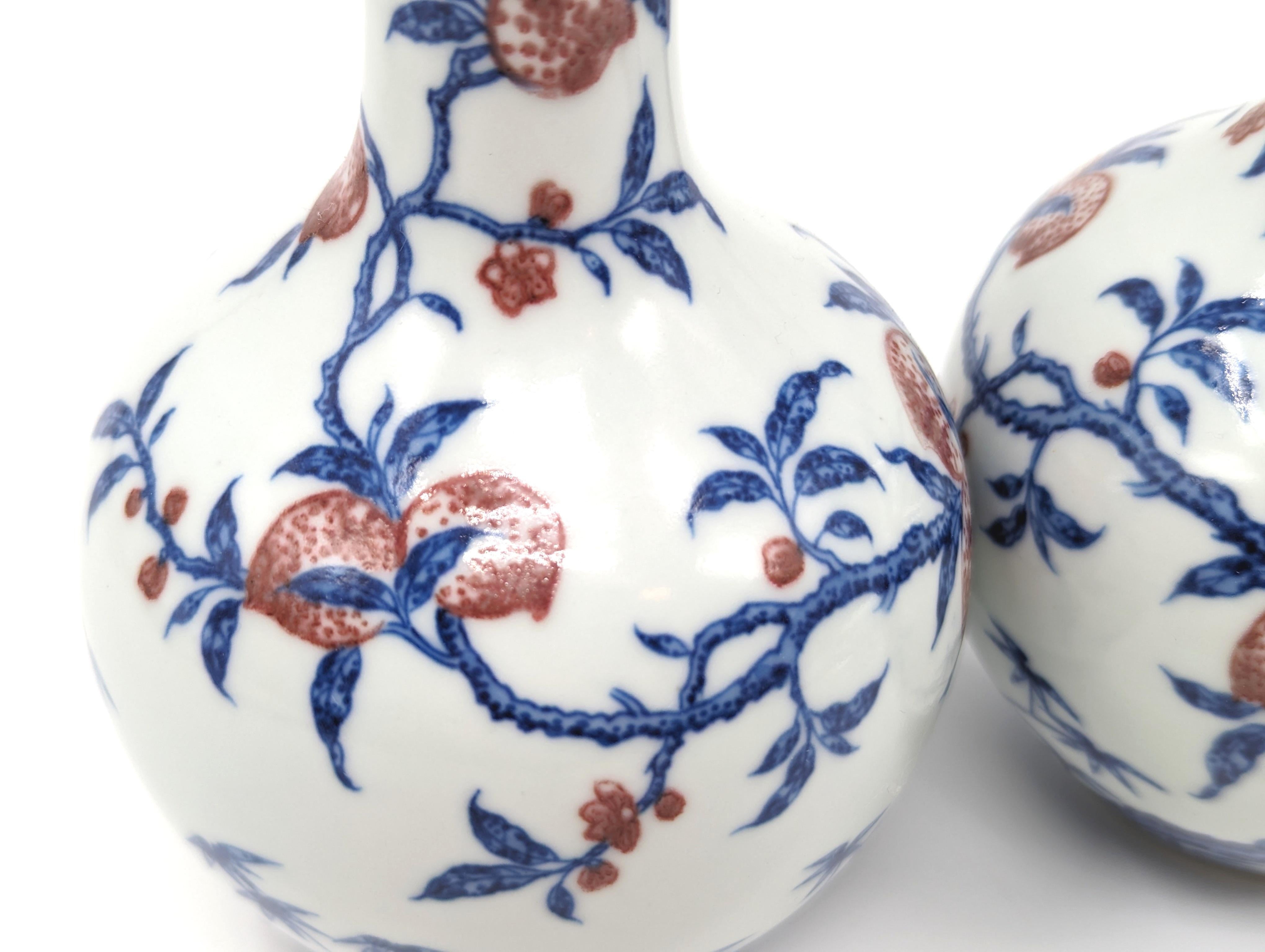 Qing Chinese Porcelain Underglaze Blue & Copper Red Peaches Bottle Vase Late 20c Pair For Sale