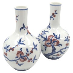 Chinese Porcelain Underglaze Blue & Copper Red Peaches Bottle Vase Late 20c Pair