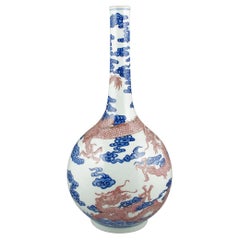 Chinese Porcelain Underglaze Blue and White 2 Copper Red Dragons Bottle Vase 20c