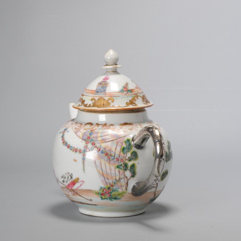 Qianlong, 18th century,Famille Rose
Famile rose enamels with the Valentines pattern. Two love birds. Attached Silver handle with nice engravings.

Additional information:
Material: Porcelain & Pottery
Region of Origin: China
Emperor: Qianlong