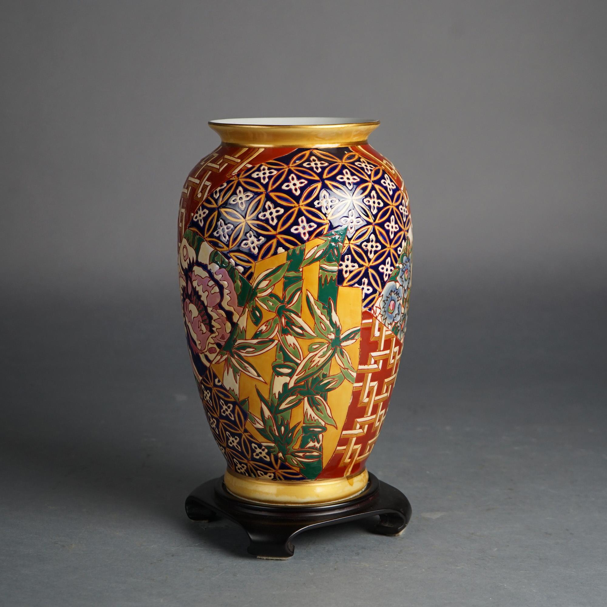 Carved Chinese Porcelain Vase with Bamboo & Flowers on Hardwood Stand 20thC For Sale
