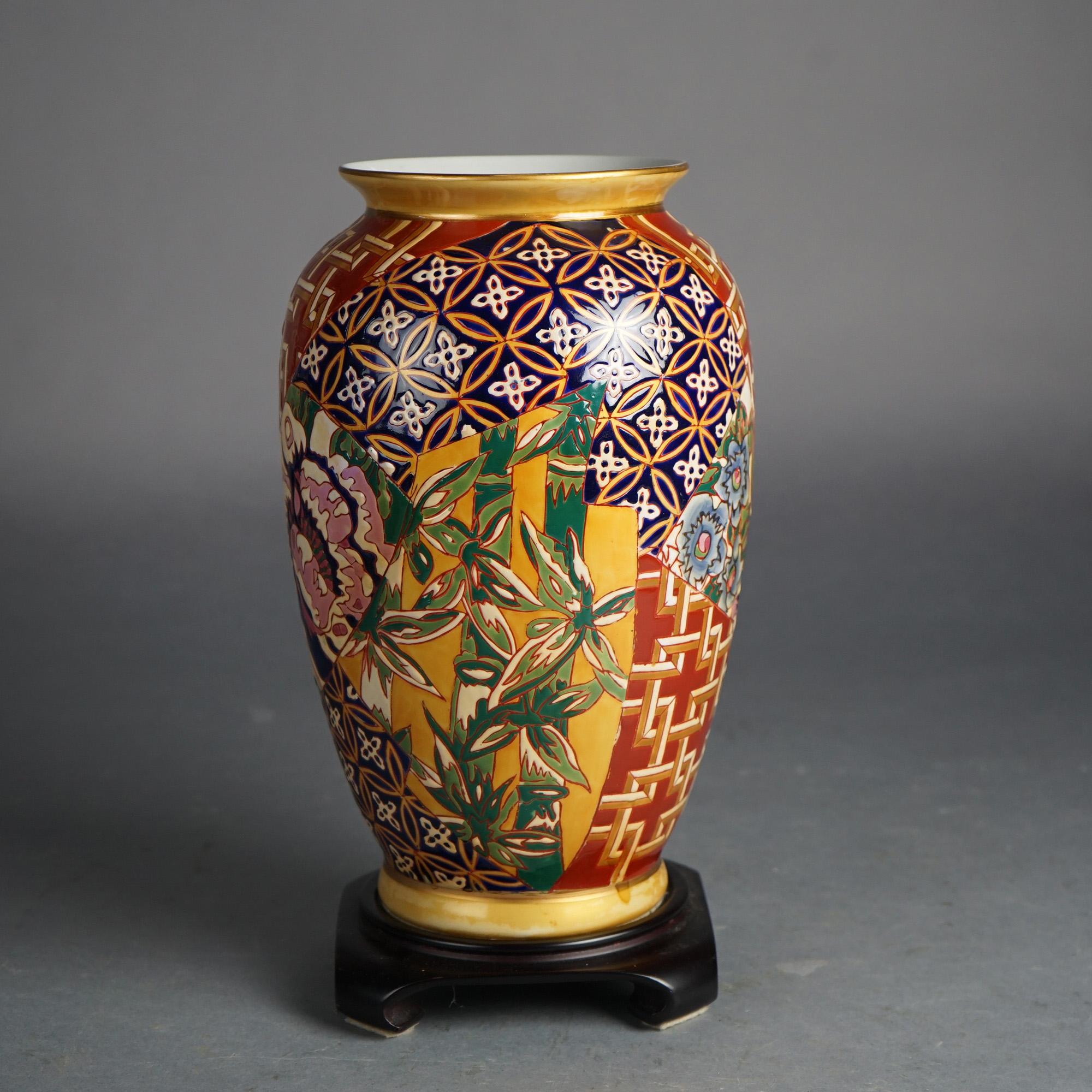 20th Century Chinese Porcelain Vase with Bamboo & Flowers on Hardwood Stand 20thC For Sale