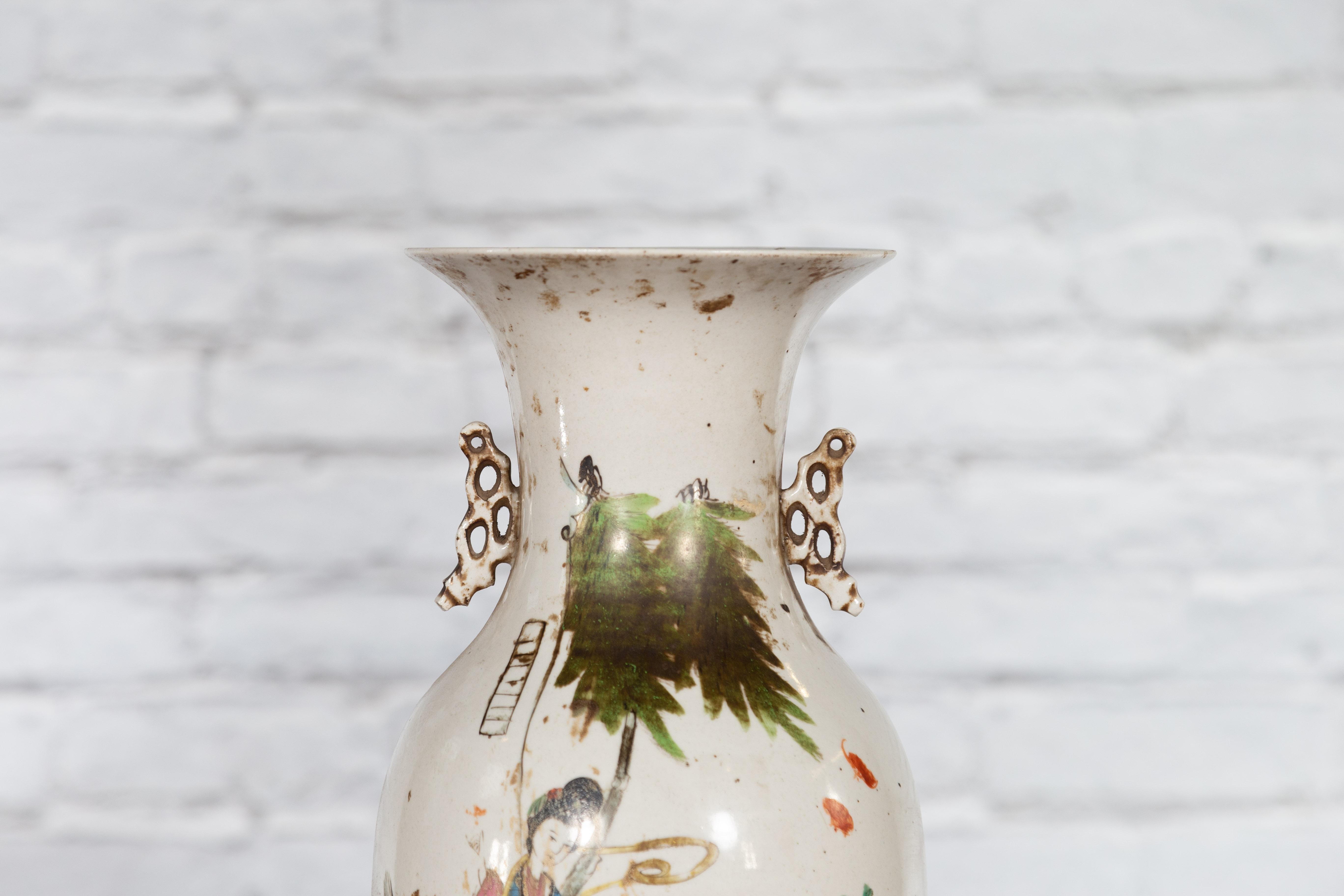 20th Century Chinese Porcelain Vase with Hand-Painted Figures and Calligraphy Motifs For Sale