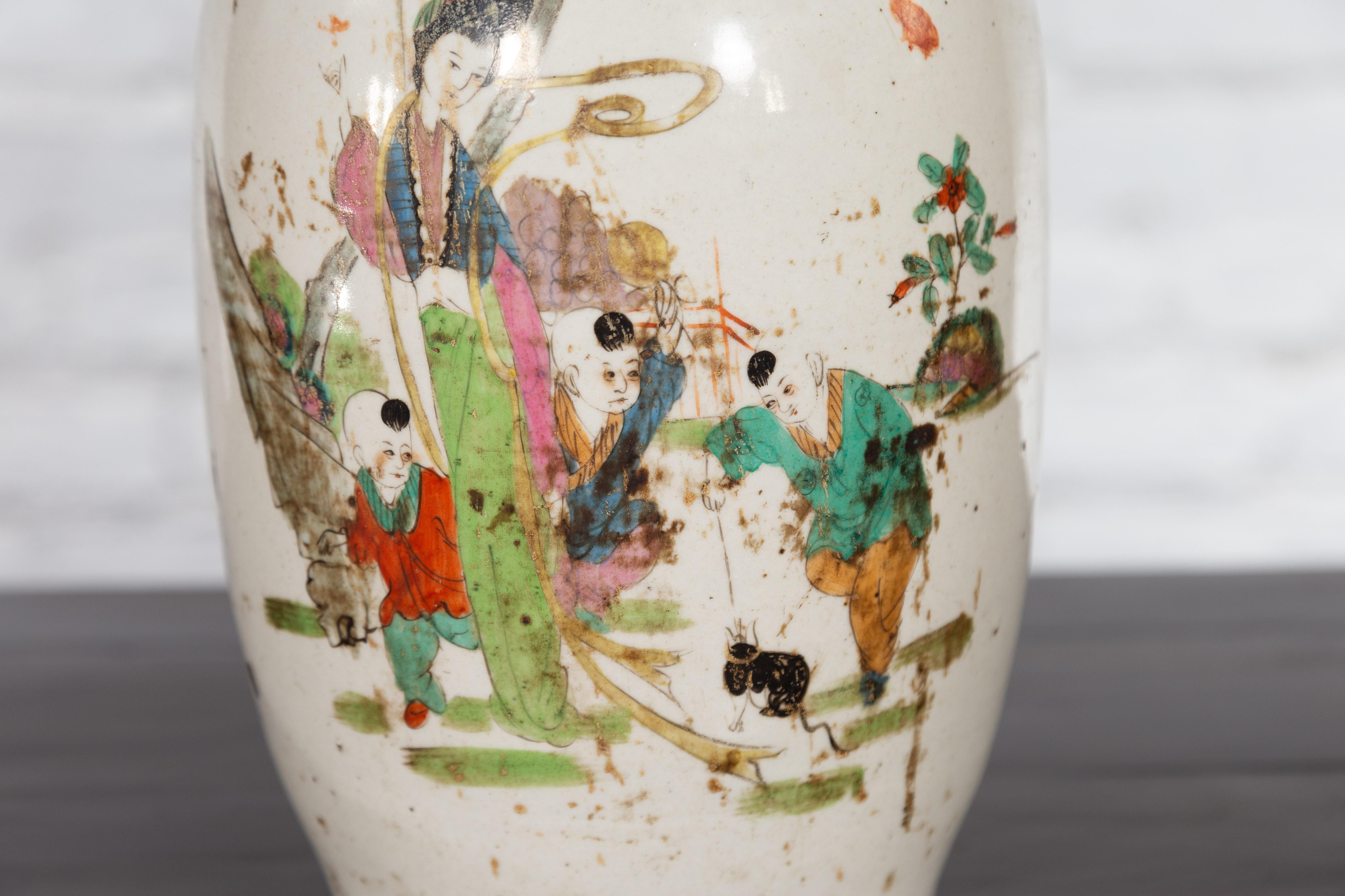 Chinese Porcelain Vase with Hand-Painted Figures and Calligraphy Motifs For Sale 3