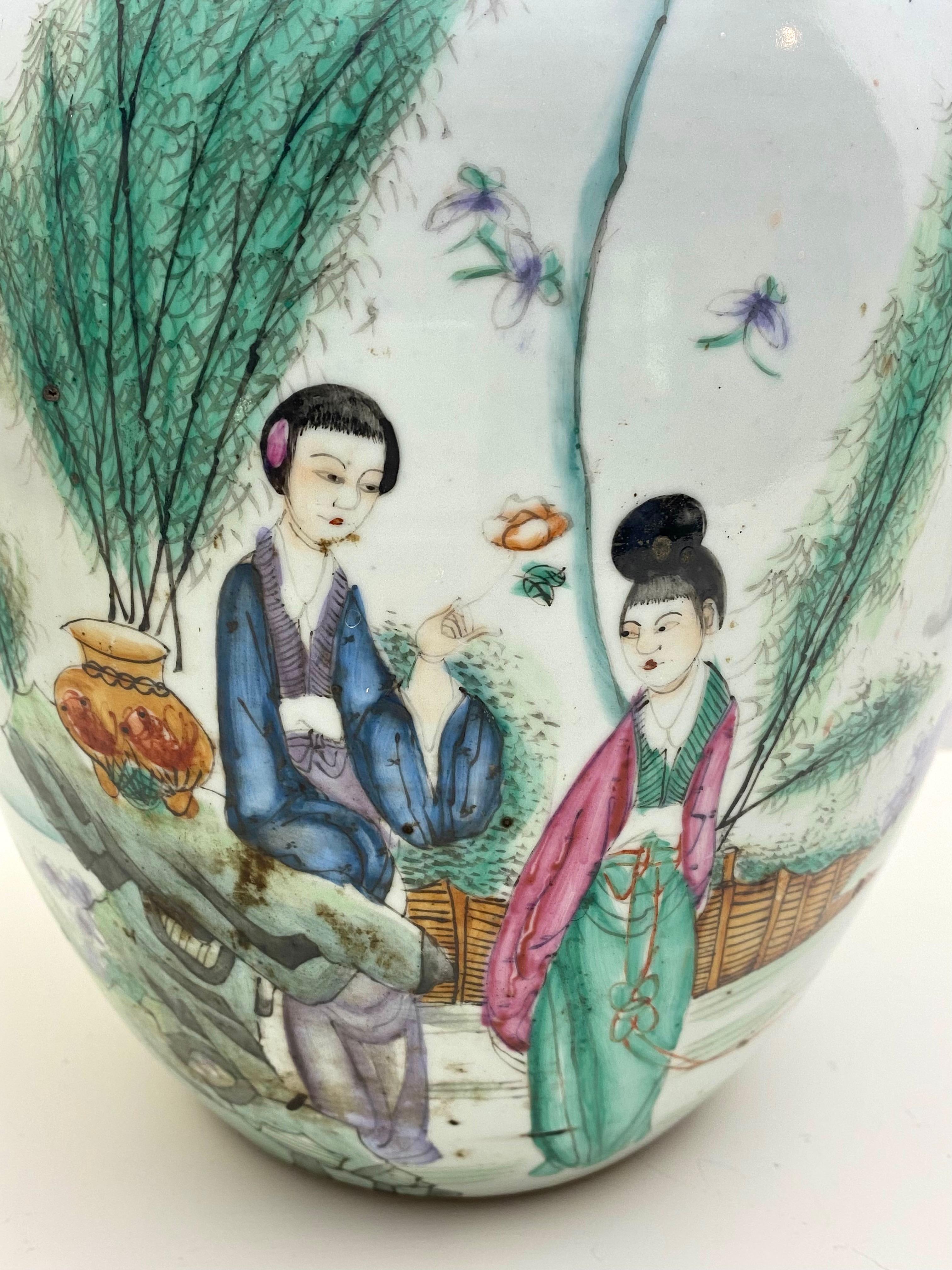 Beautiful large Chinese Republic porcelain vase or ginger jar hand painted and attributed to ??? Zeng Dingtai who was an artist in the early 20th century. This vase has a stunning color palette and beautiful subtle design of two noble women in a