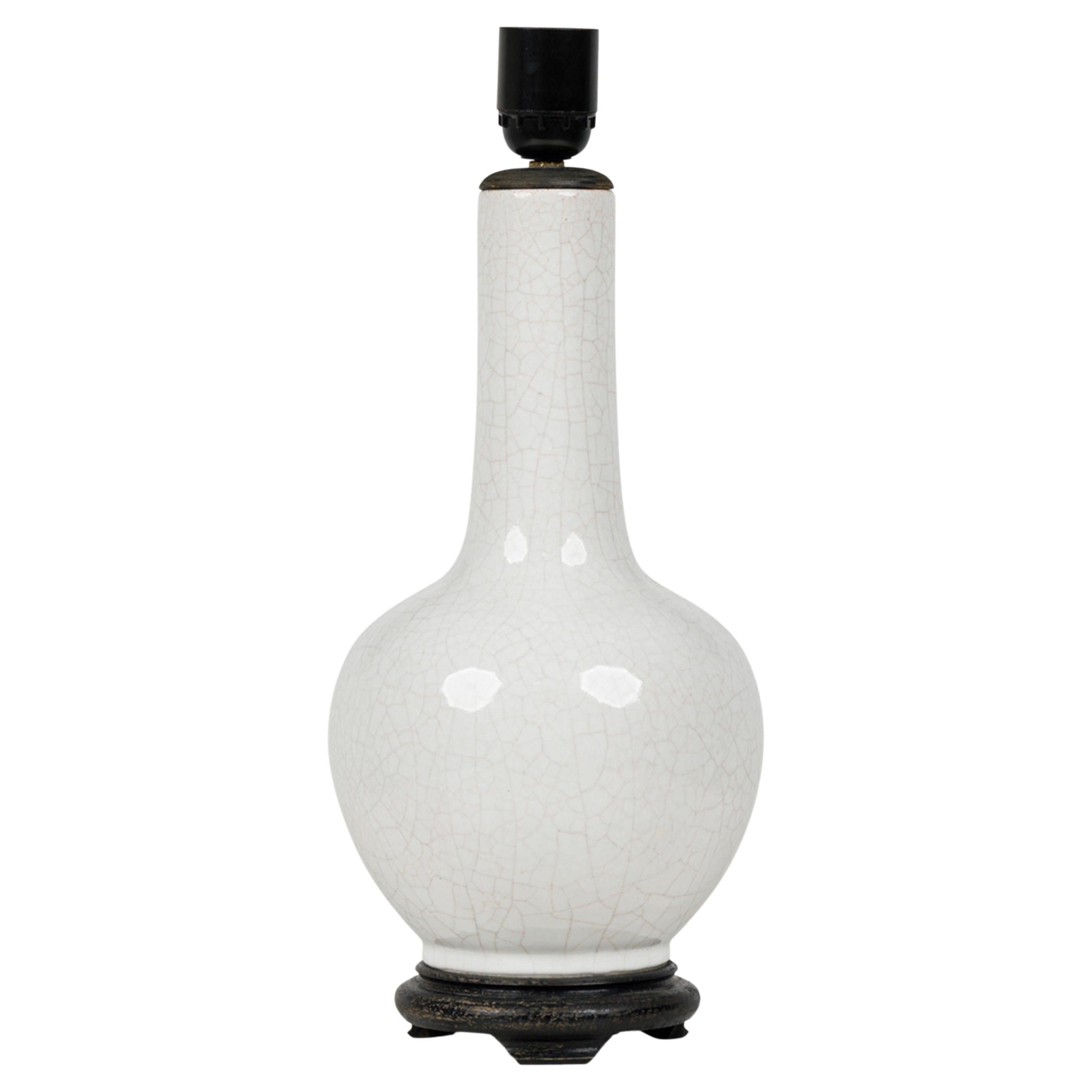 Chinese Porcelain White Crackle Glazed Table Lamp on Carved Wood Base