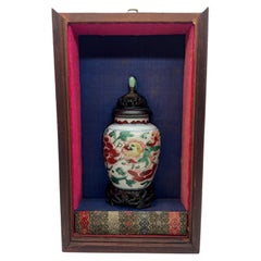 Chinese Porcelain Wucai Vase W/ Rosewood & Jade 19th C., Or Earlier In Display