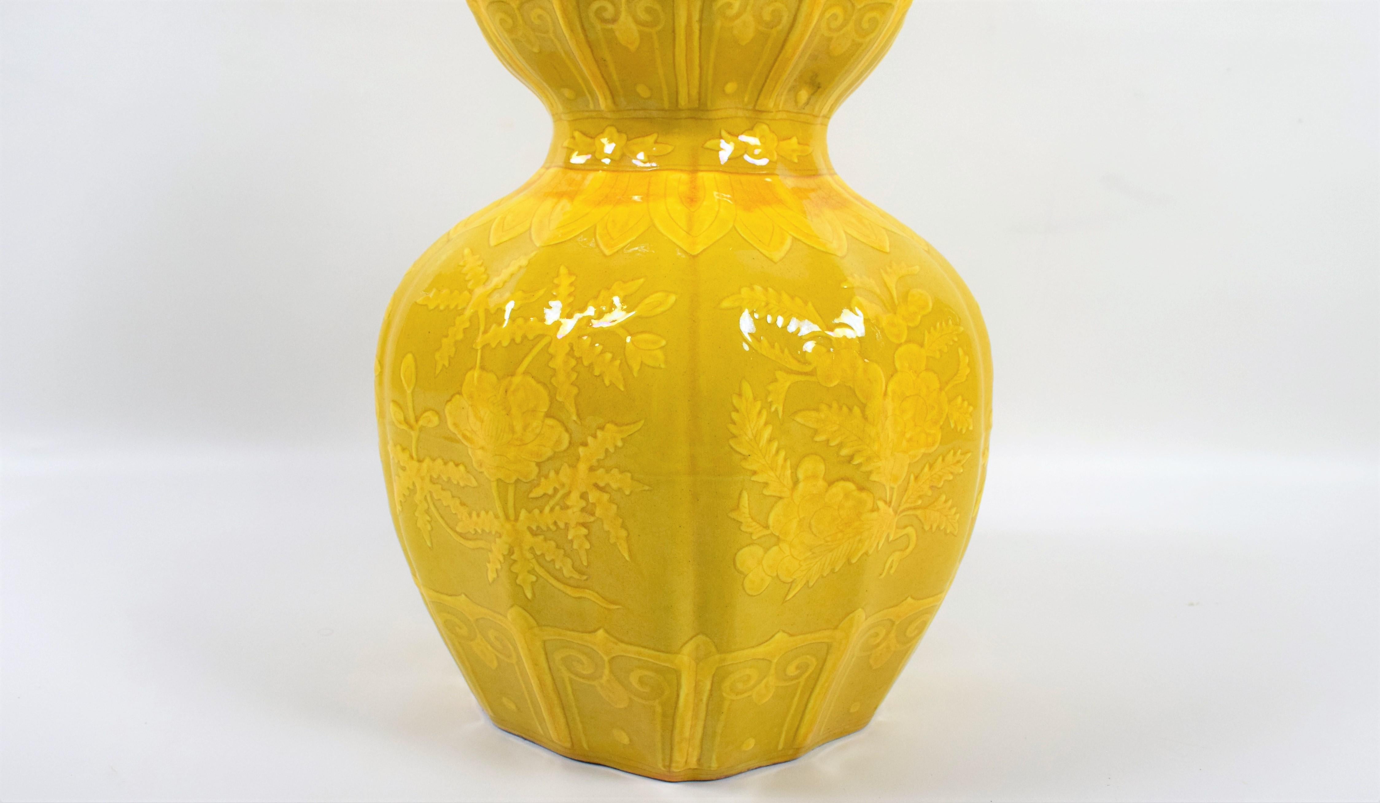 20th Century Chinese Porcelain Yellow Glazed Double Gourd Bottle Vase Pair For Sale
