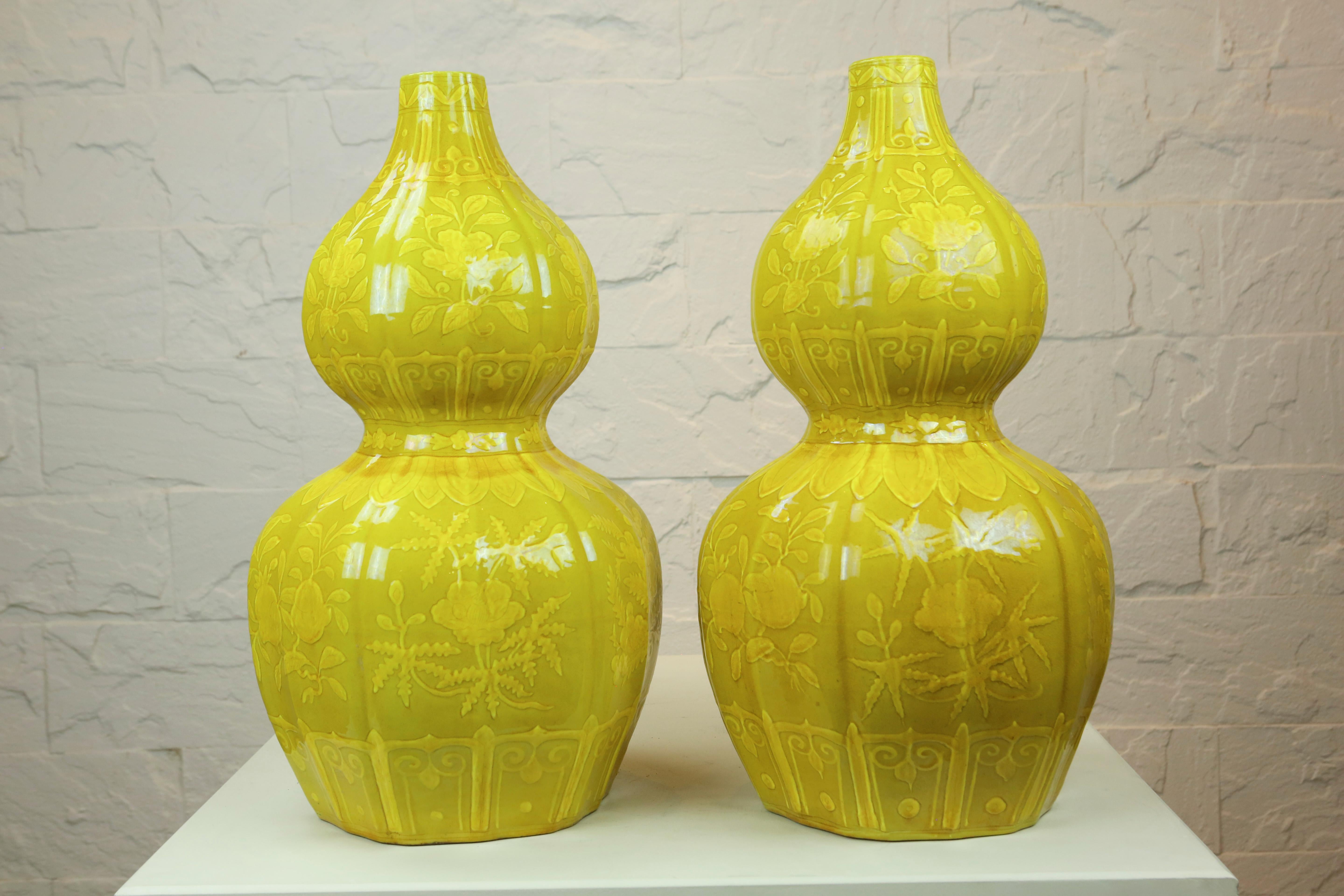 Ceramic Chinese Porcelain Yellow Glazed Double Gourd Bottle Vase Pair For Sale