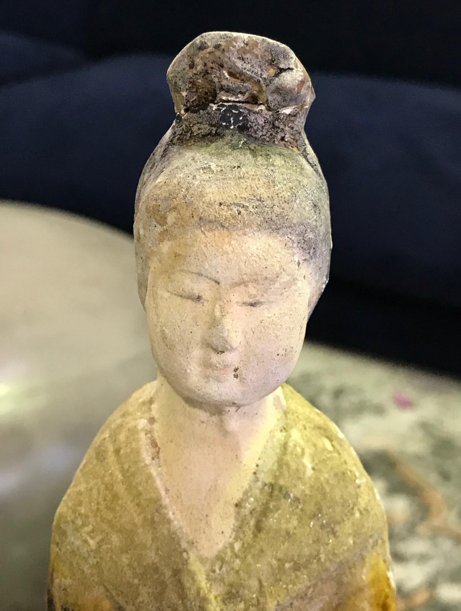 18th Century and Earlier Chinese Pottery Ceramic Glazed Mud Figure of Court Lady Tang Dynasty with Stand For Sale