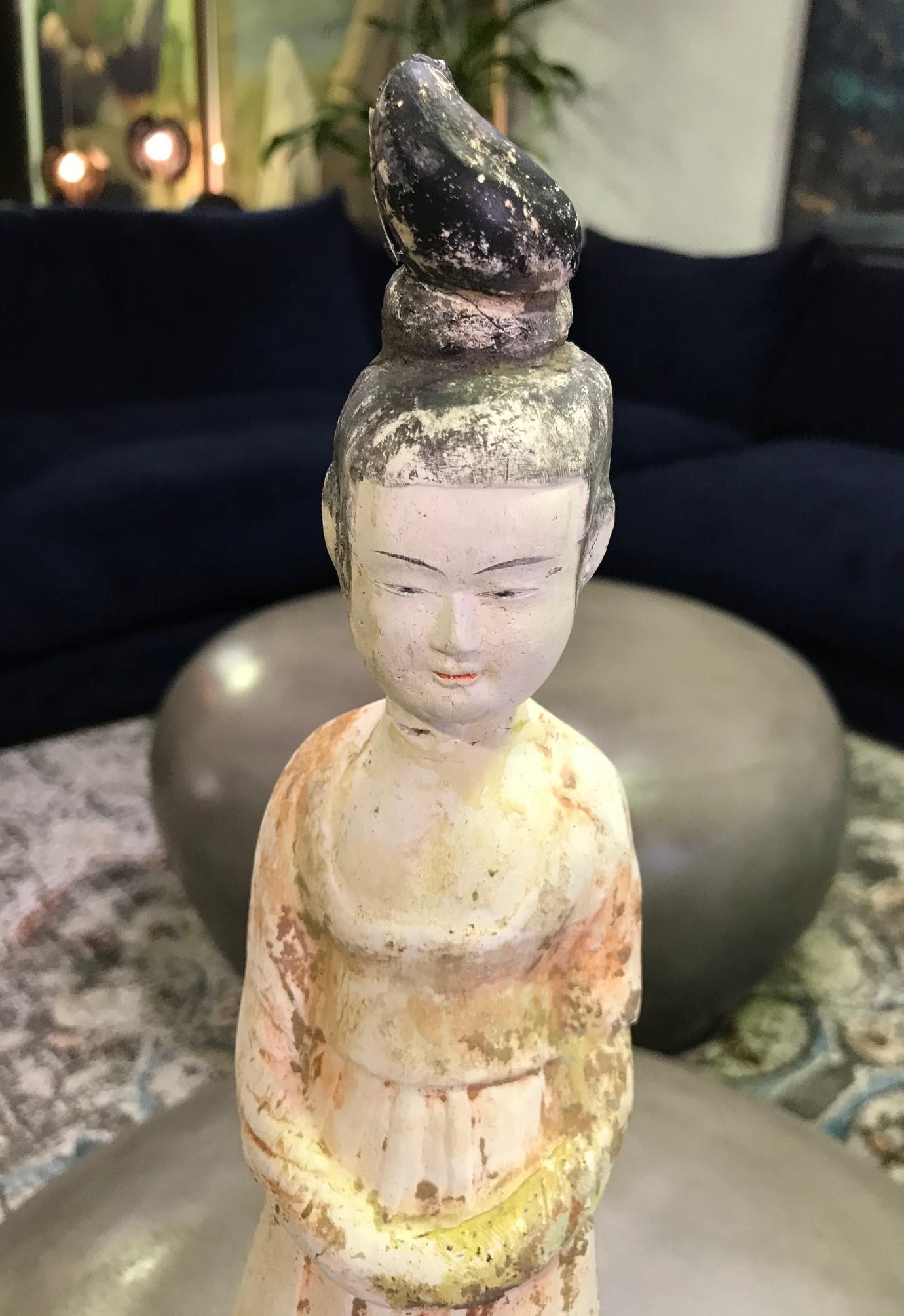 Chinese Pottery Ceramic Glazed Mud Figure of Court Lady Tang Dynasty with Stand In Good Condition For Sale In Studio City, CA