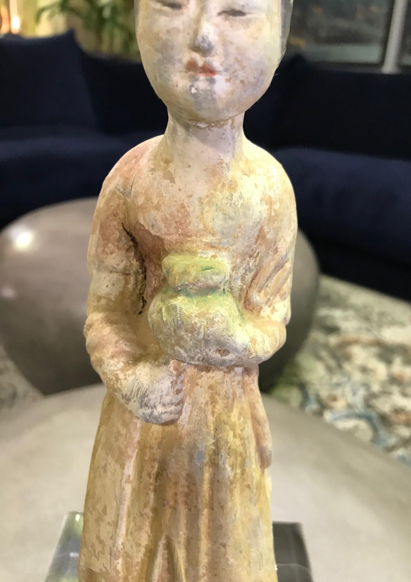 Chinese Pottery Ceramic Glazed Mud Figure of Court Lady Tang Dynasty with Stand For Sale 1
